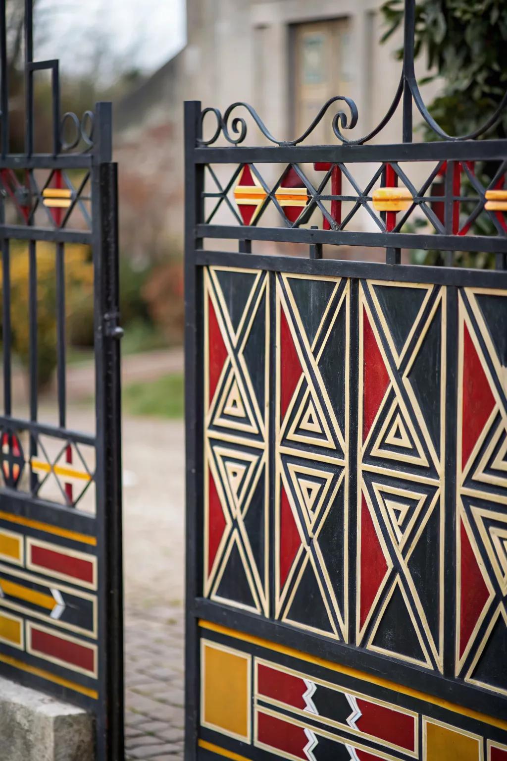 A geometric patterned gate serves as an artistic focal point.