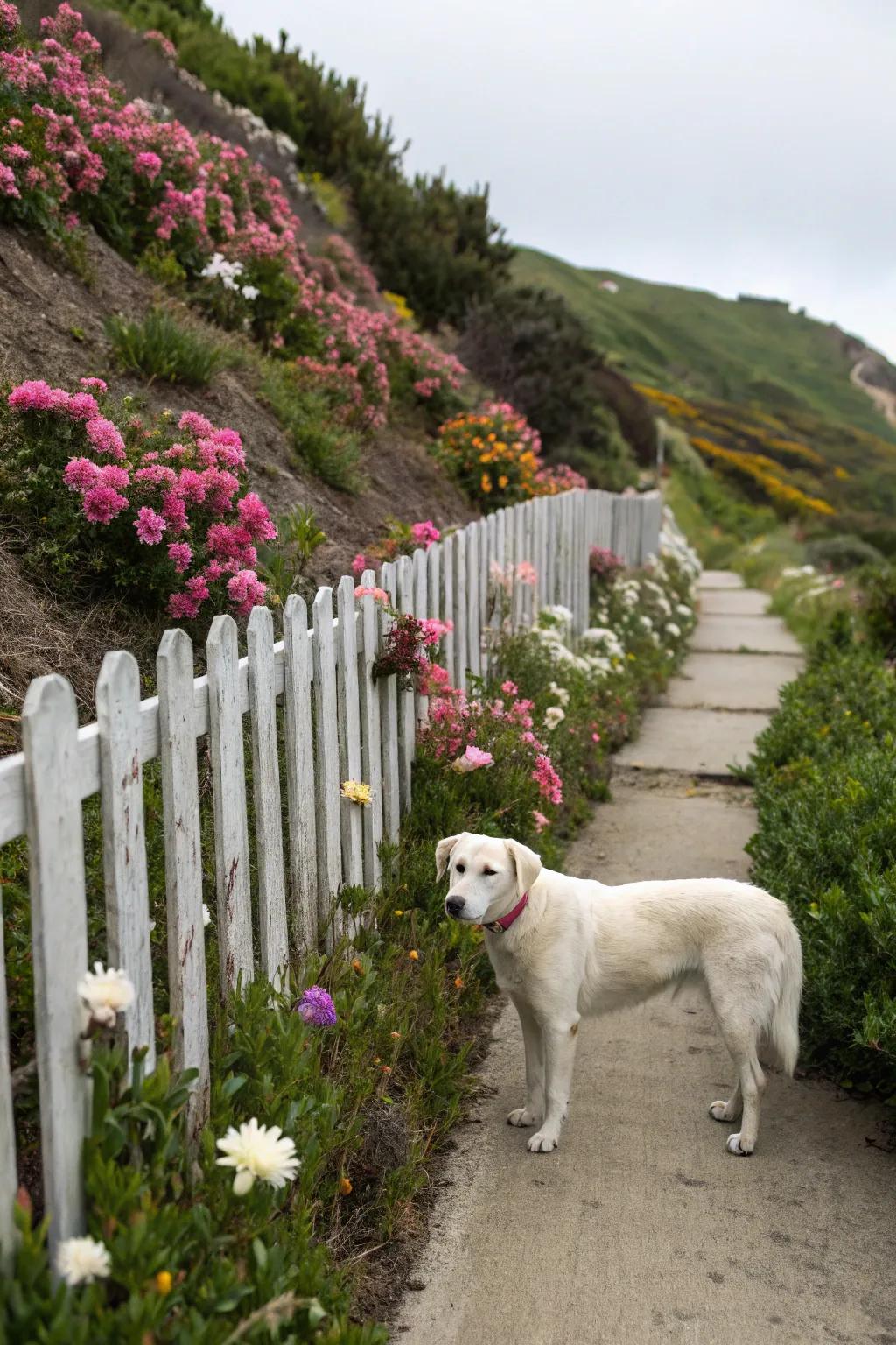 Dog ear picket fences provide classic charm on slopes.