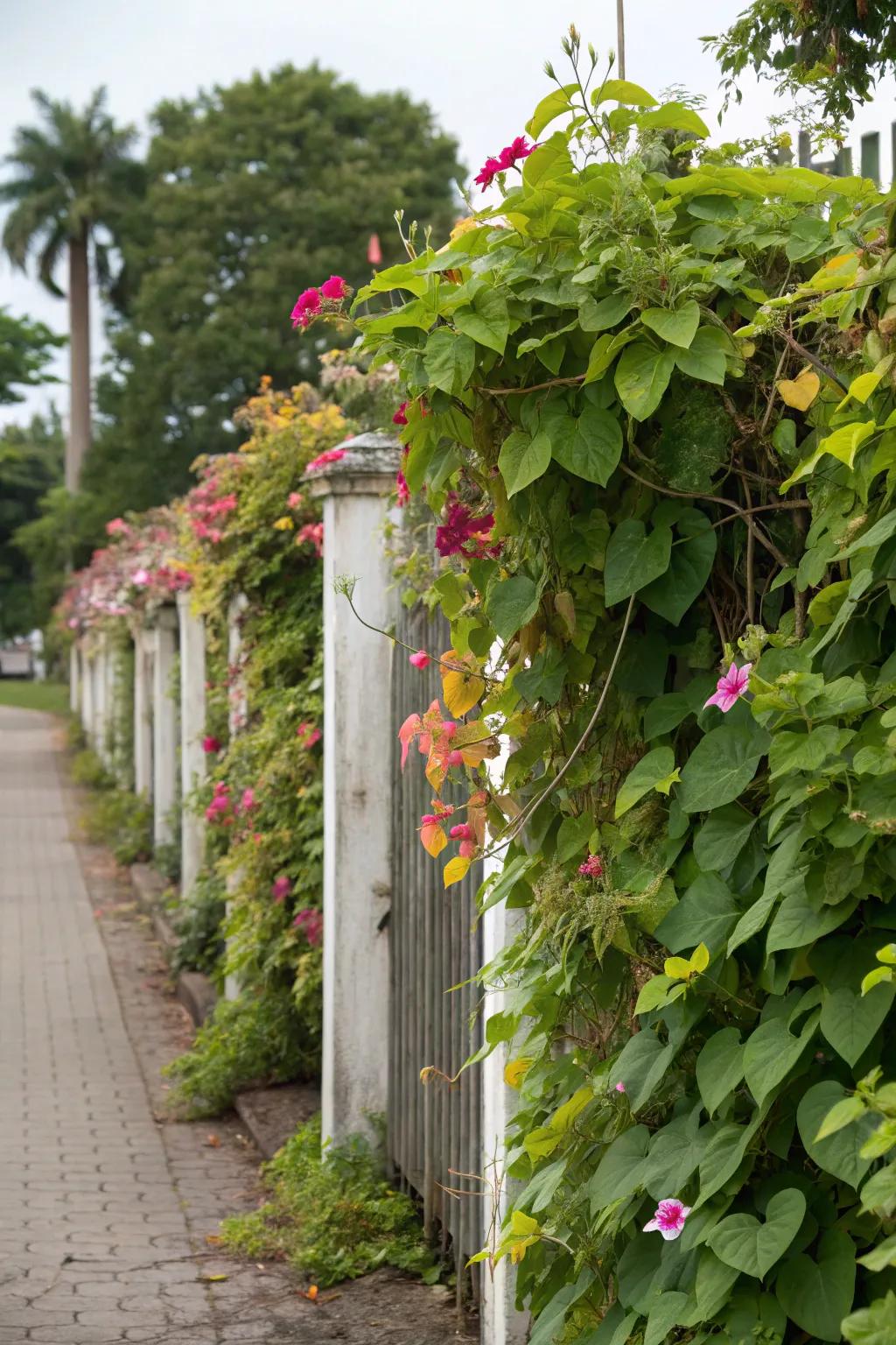 Climbing plants creating a vibrant, natural display on fence posts.