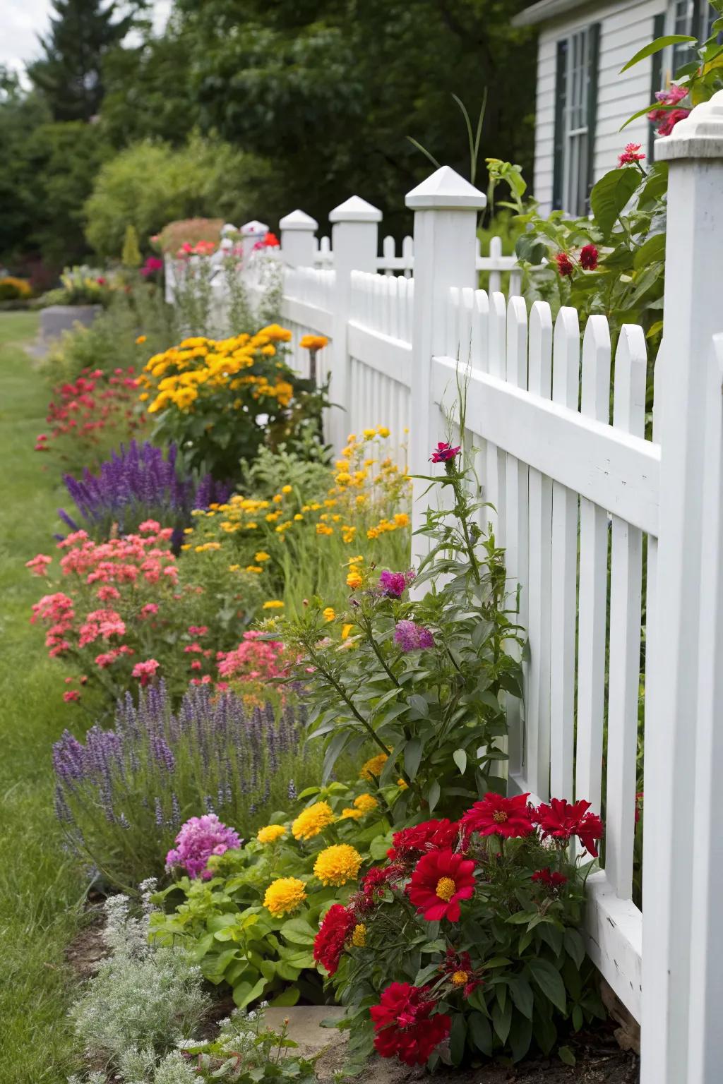 A bright white stained fence provides a clean backdrop for a colorful garden.