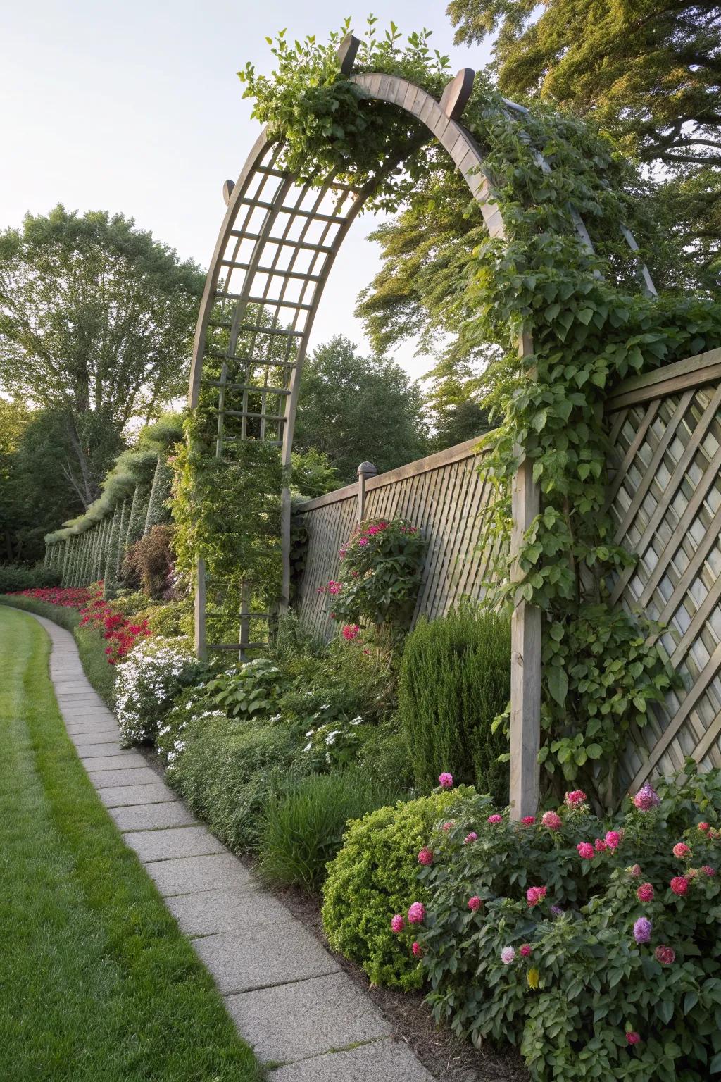 Curved trellis design softens garden edges and adds privacy.