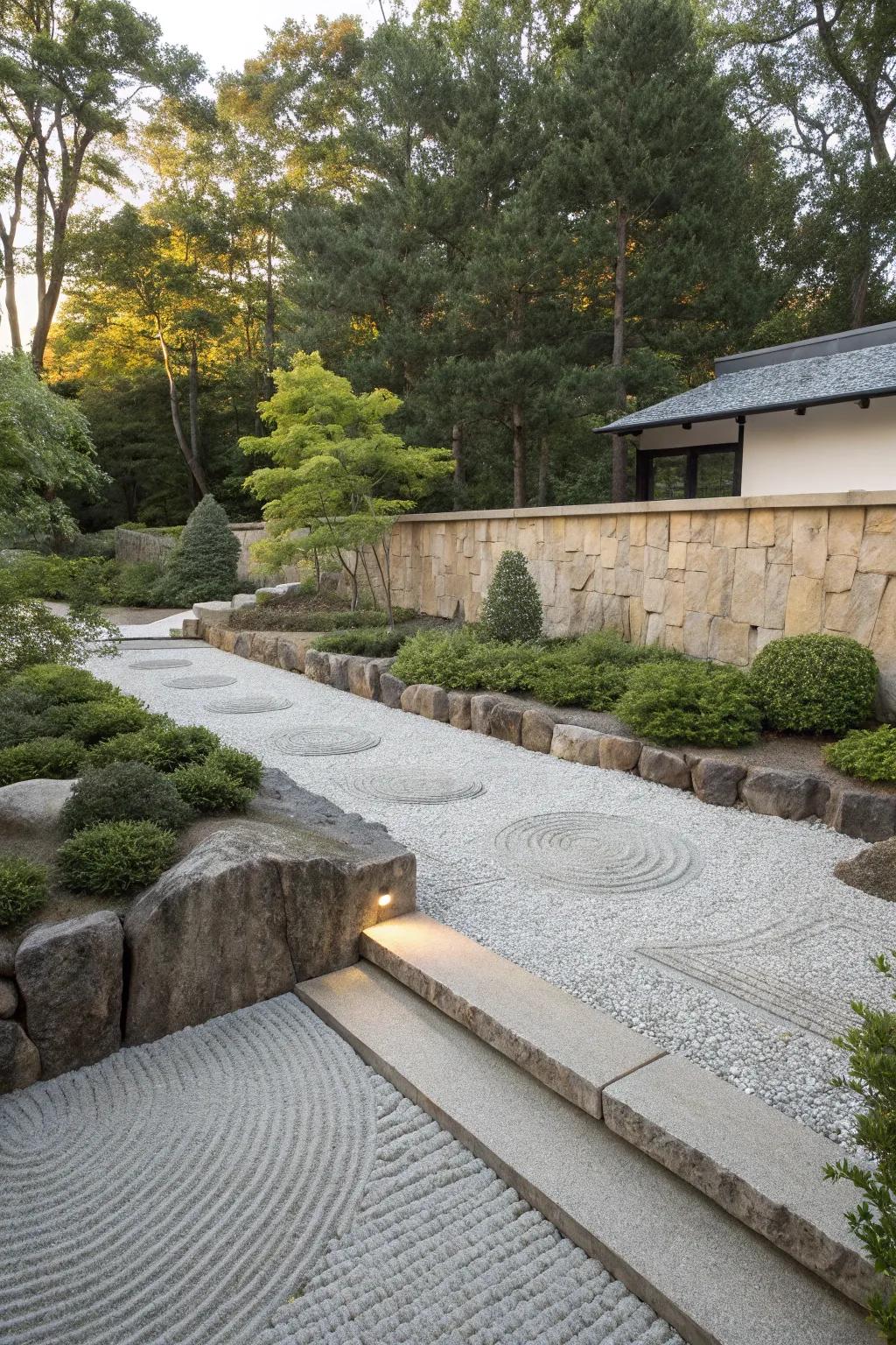 Peaceful zen garden with stone walls.