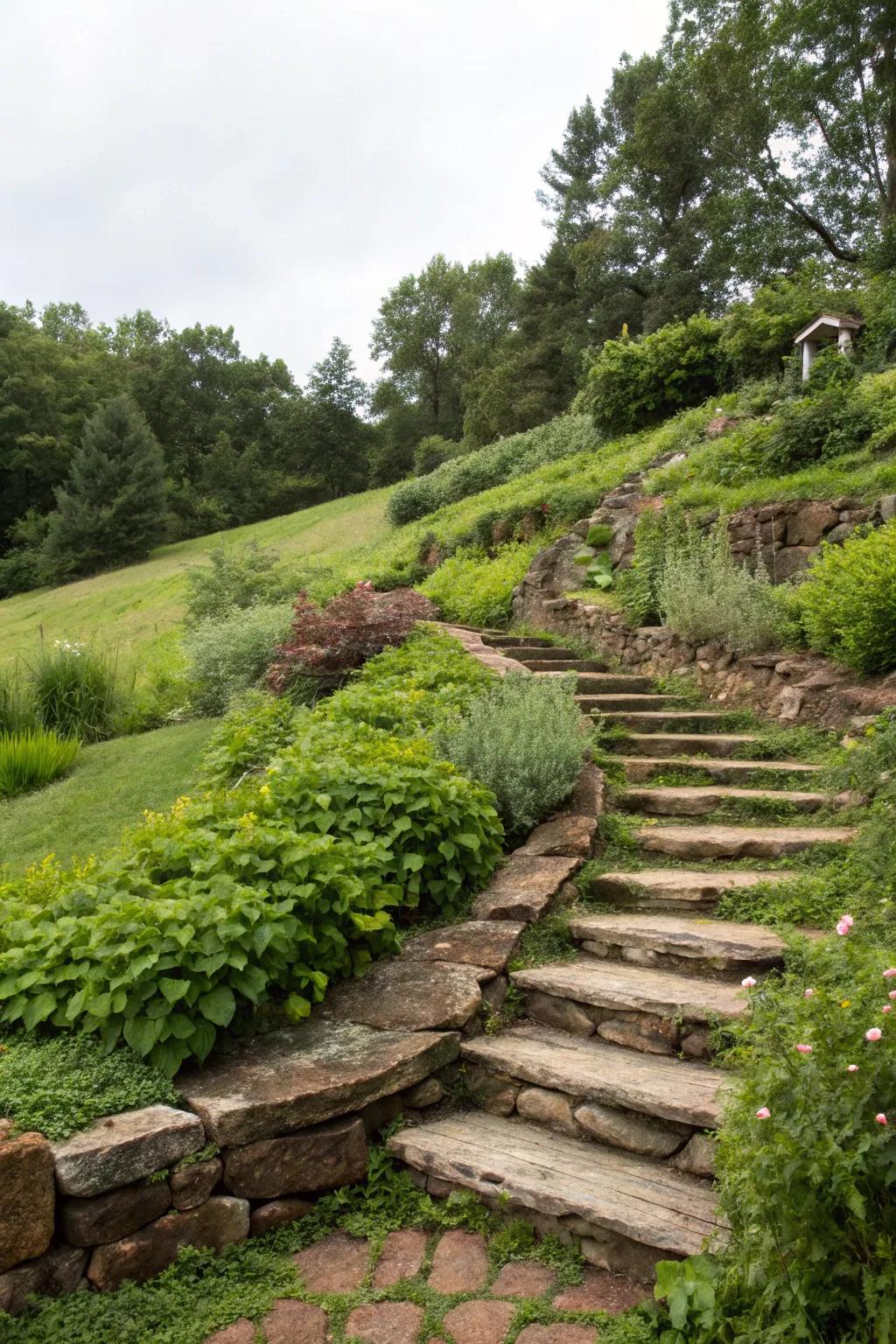 Fieldstone staircases provide rustic elegance and functionality.