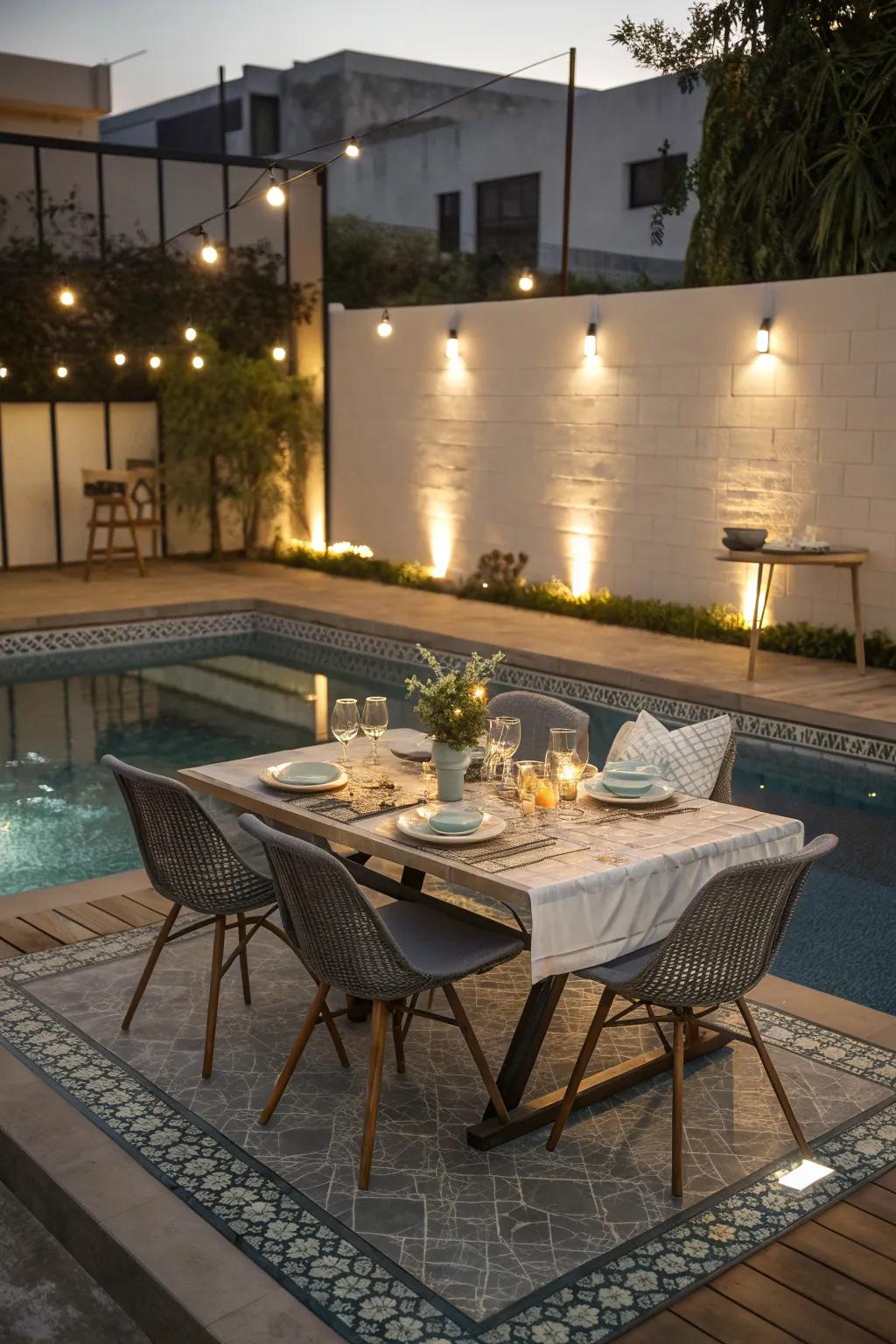 A chic dining area now occupies an old pool space.