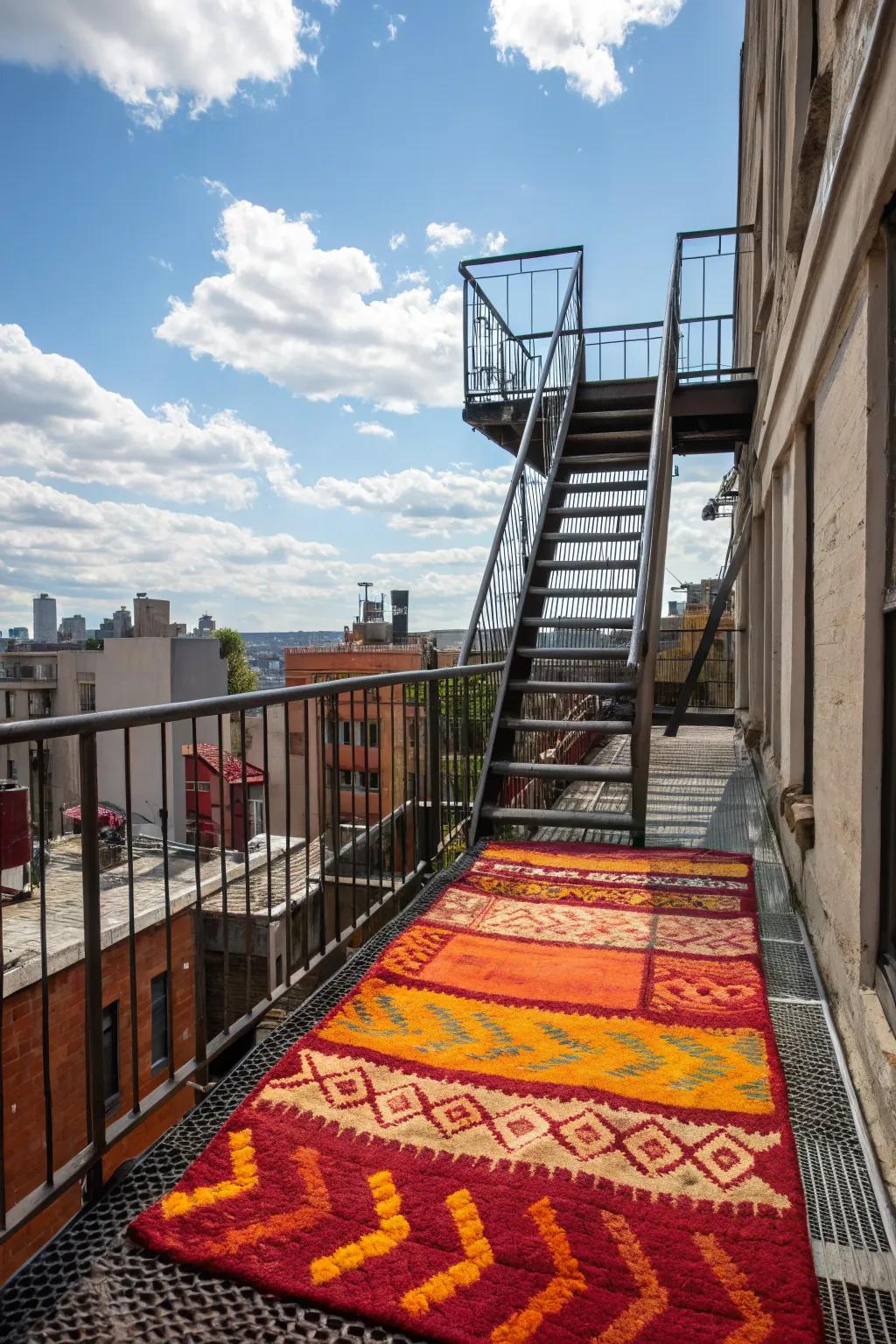 A colorful outdoor rug on a fire escape, adding warmth and personality.