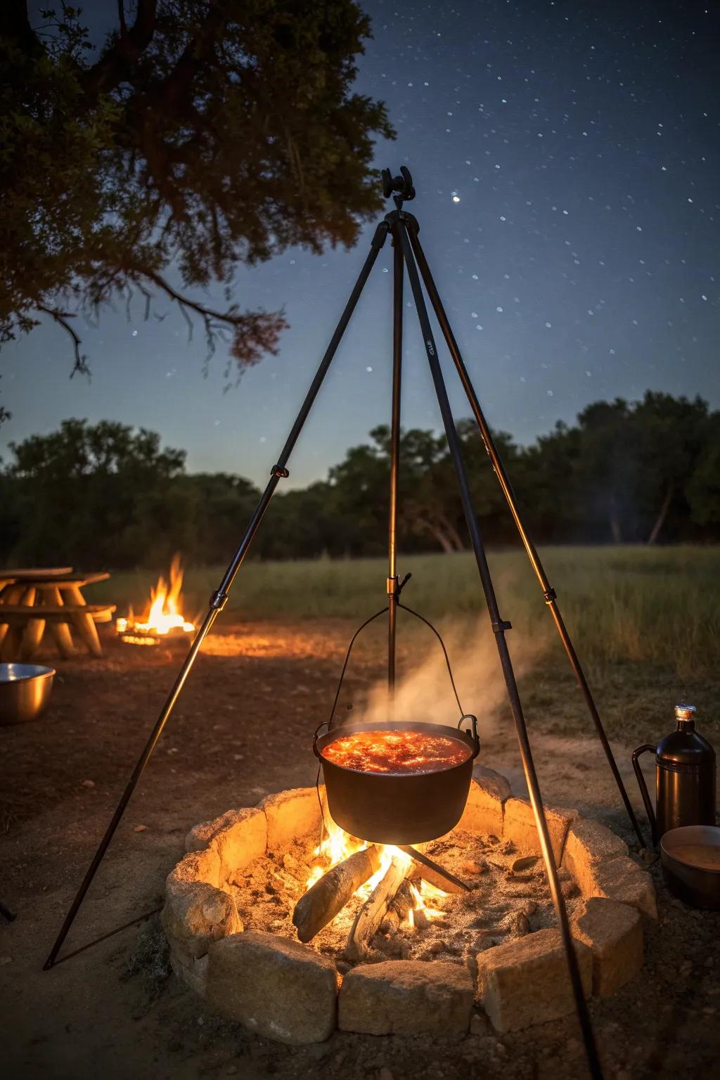 DIY tripod setup for campfire-style cooking.