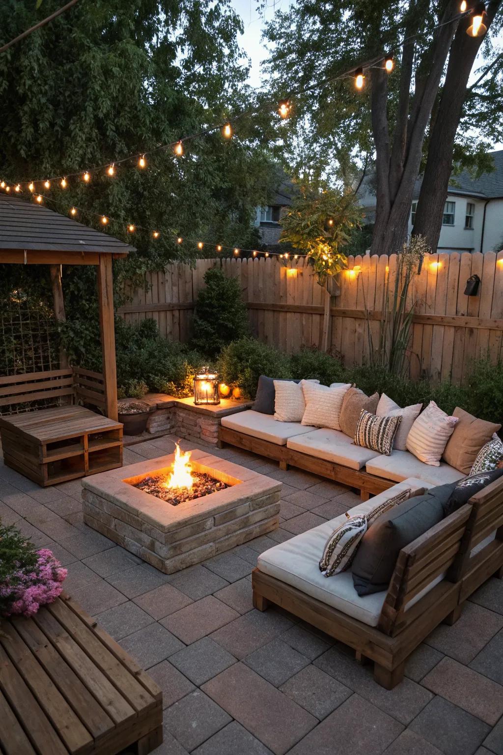 A cozy backyard nook with a mix of movable and fixed seating around a fire pit.
