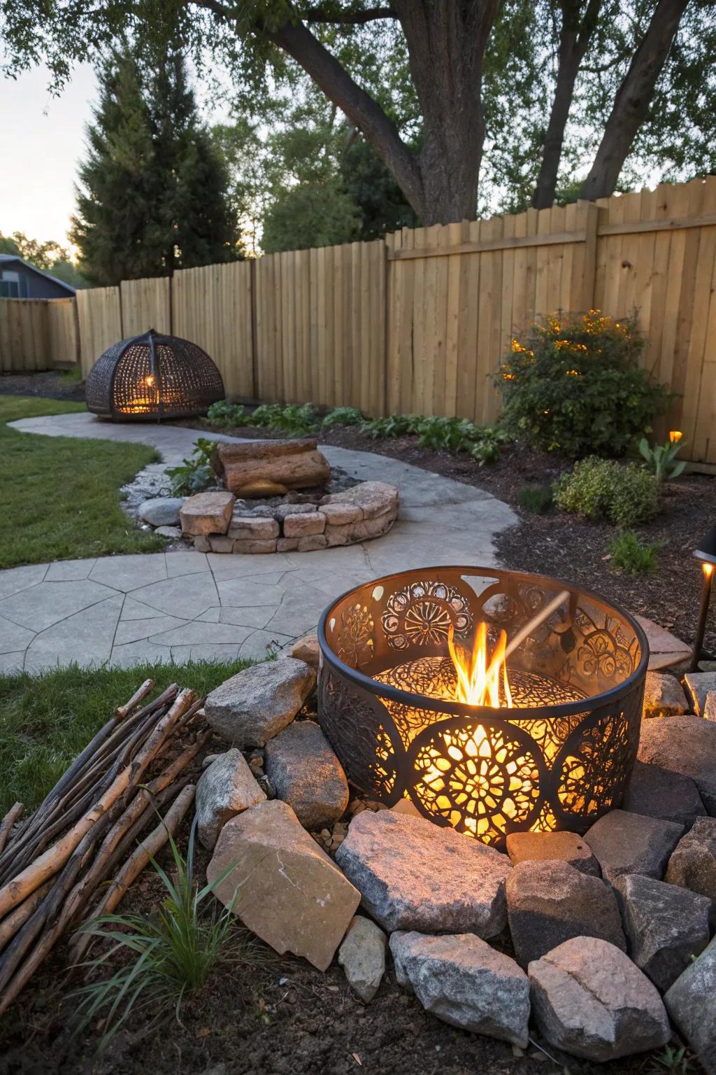 A fire pit with artistic cutouts creating a mesmerizing ambiance.