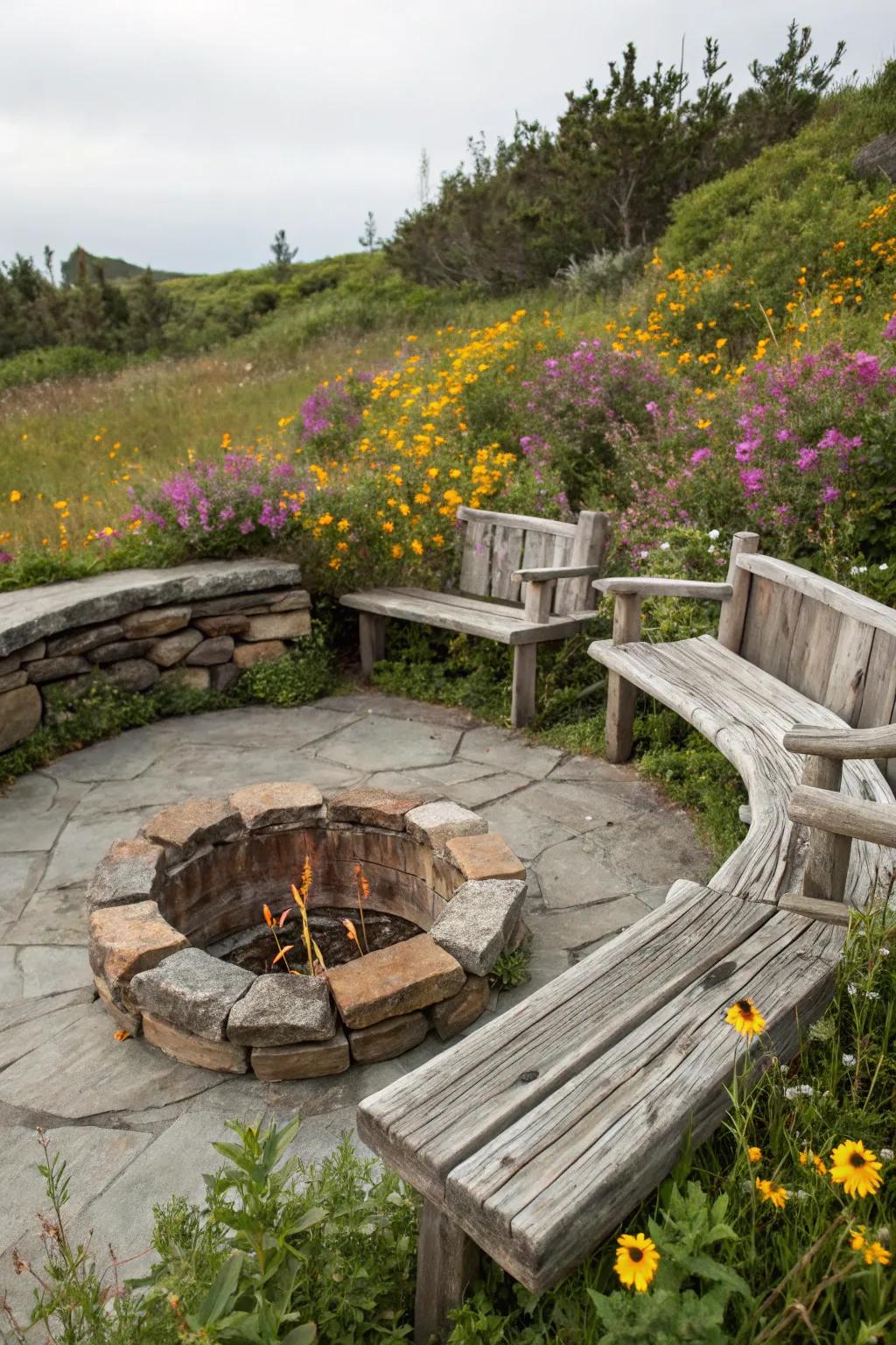 Rustic elements add charm and warmth to the fire pit area.