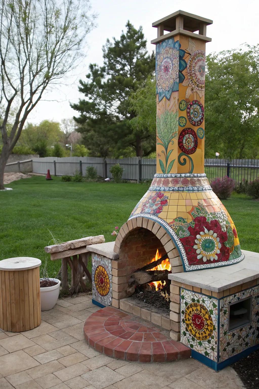 Mosaic art on a chimney fire pit adds a unique and personal touch.