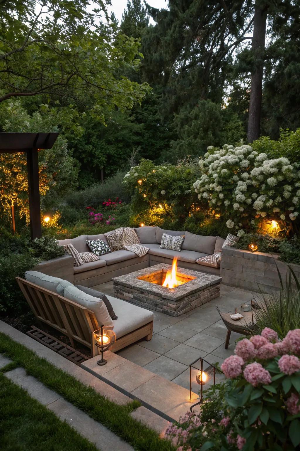 A sunken fire pit area offering an intimate gathering space in the garden.
