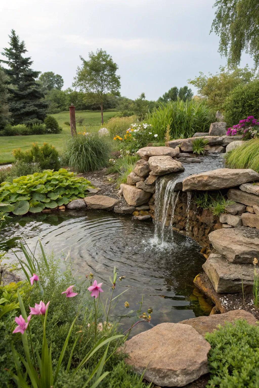A sustainable waterfall feature enhances any pond