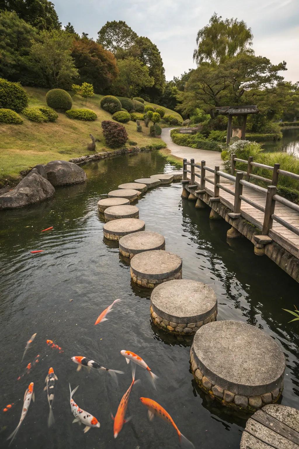 Interactive features invite exploration and enjoyment of a pond.