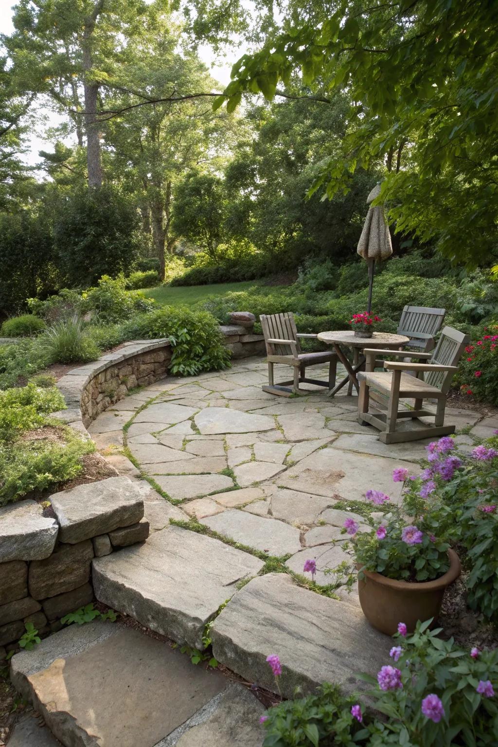 A rustic flagstone seating area offers tranquility in the garden.