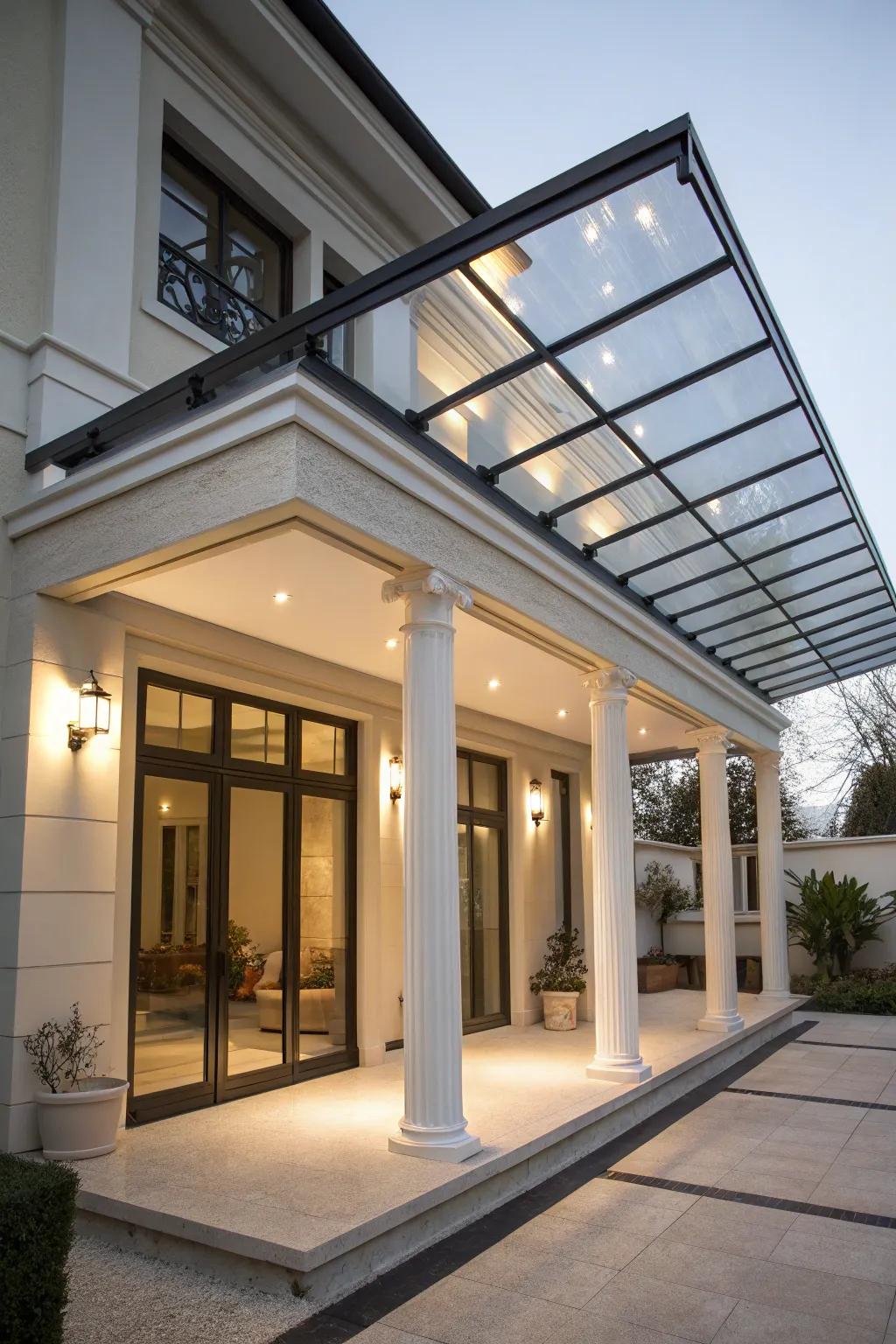 Tinted glass adds a modern touch while offering privacy and shade to this flat roof portico.