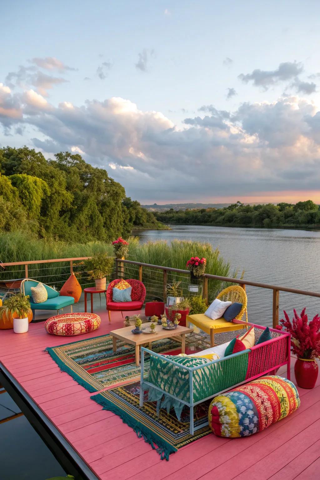 Bold colors add vibrancy and character to this floating patio.