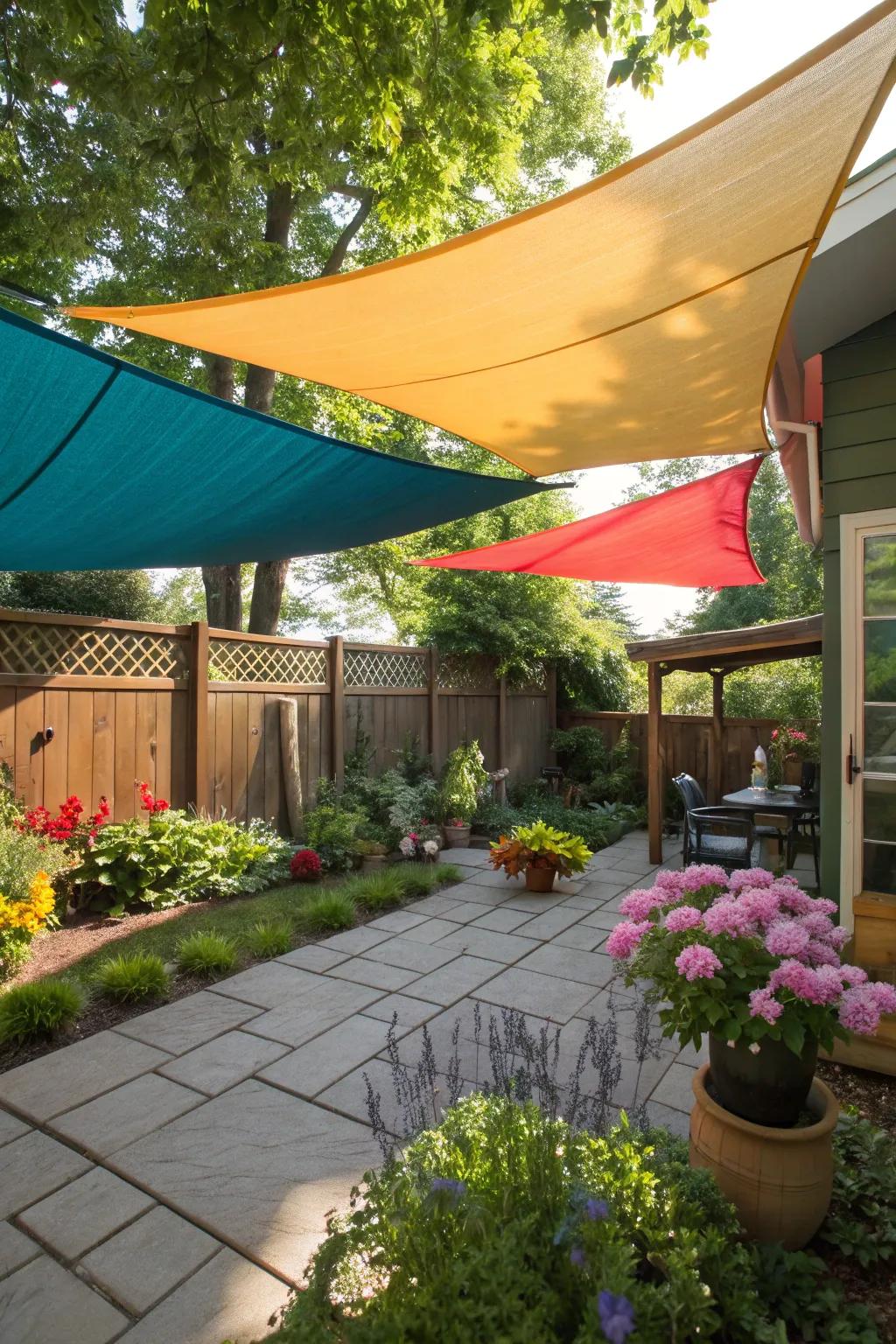 A patio shaded with vibrant, stylish shade sails.