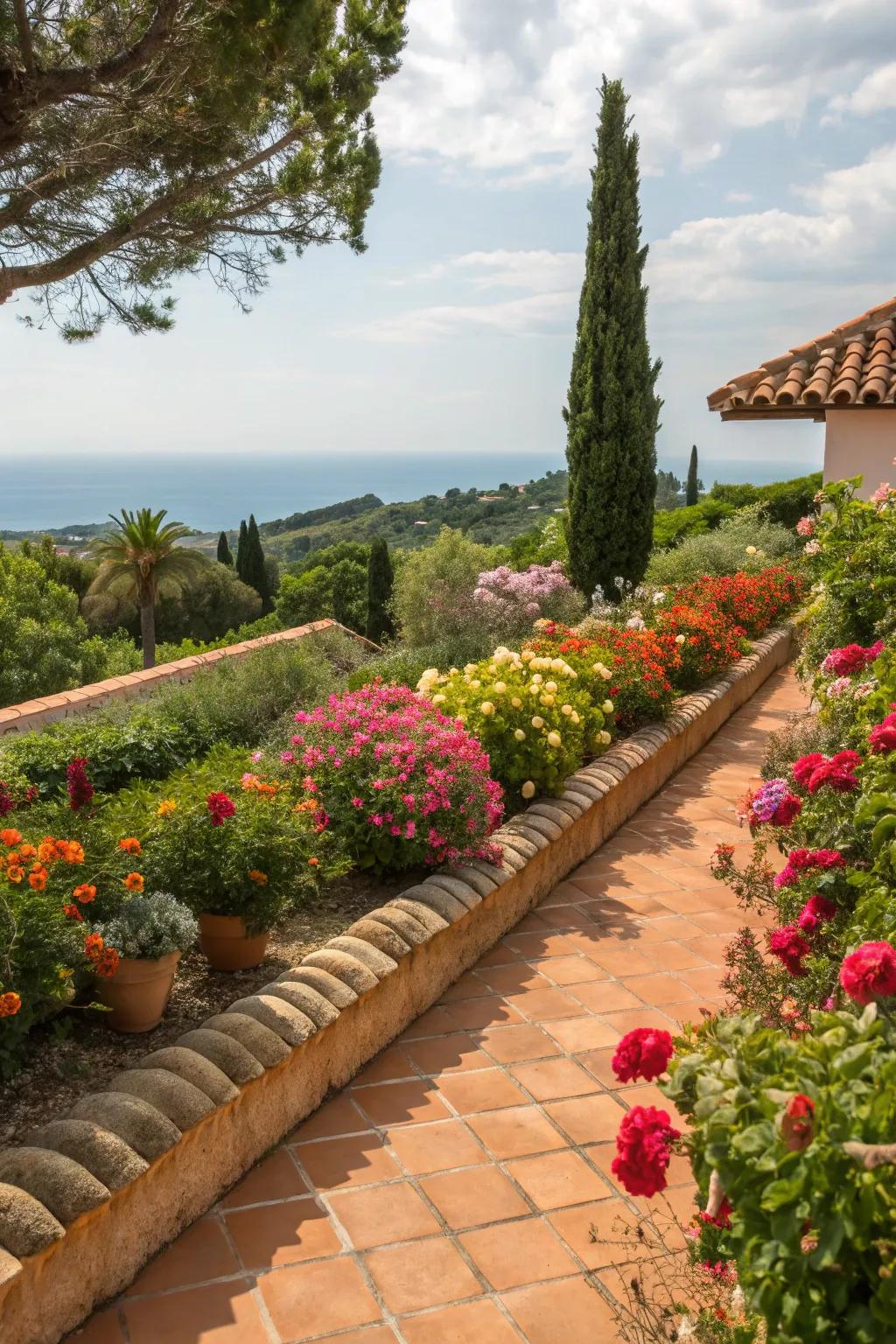 Mediterranean warmth with terracotta tile edging.