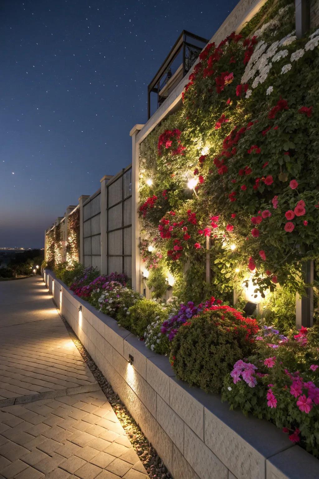 Integrated lighting brings nighttime magic to your flower beds.