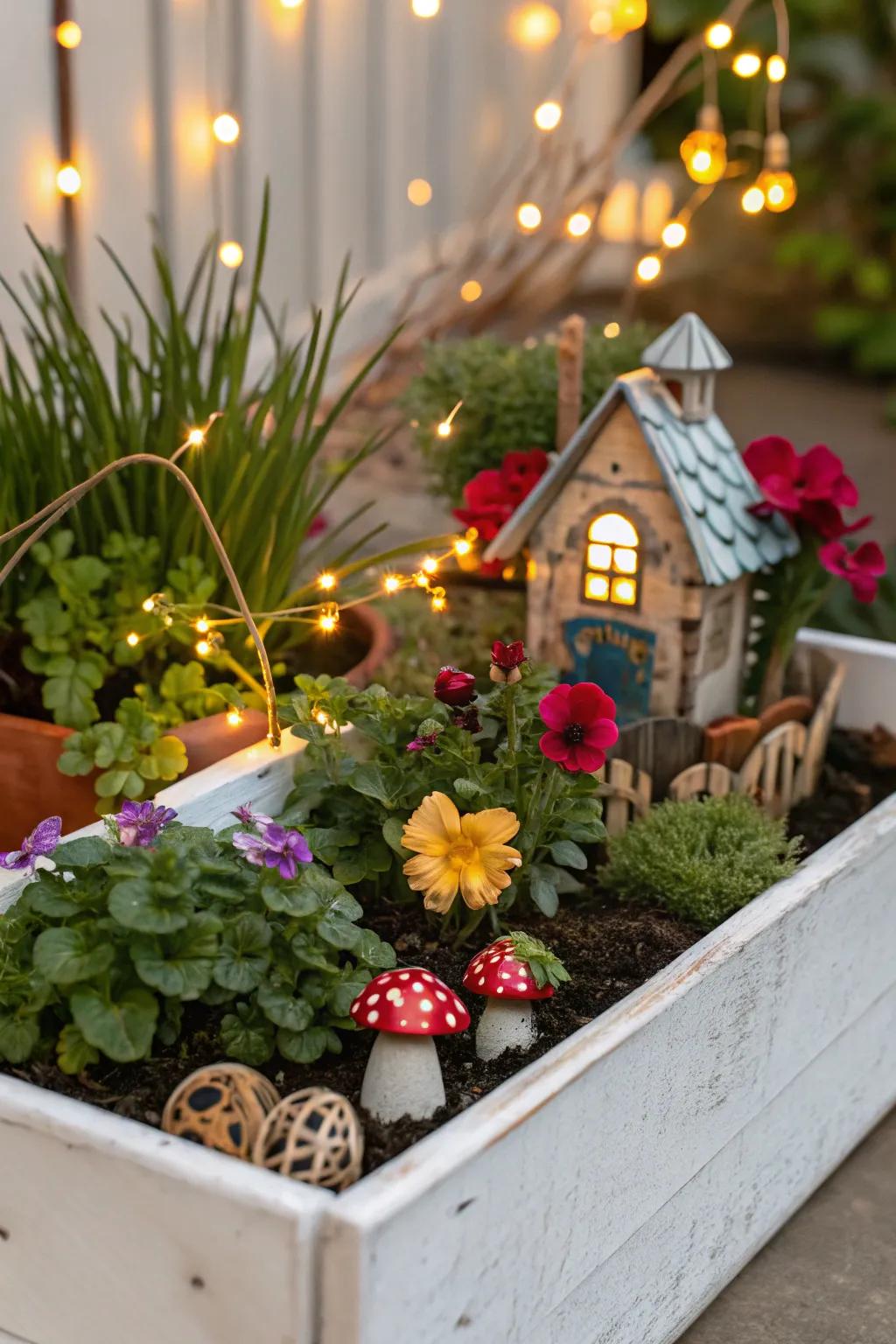 Whimsical themes in flower boxes add a playful touch.