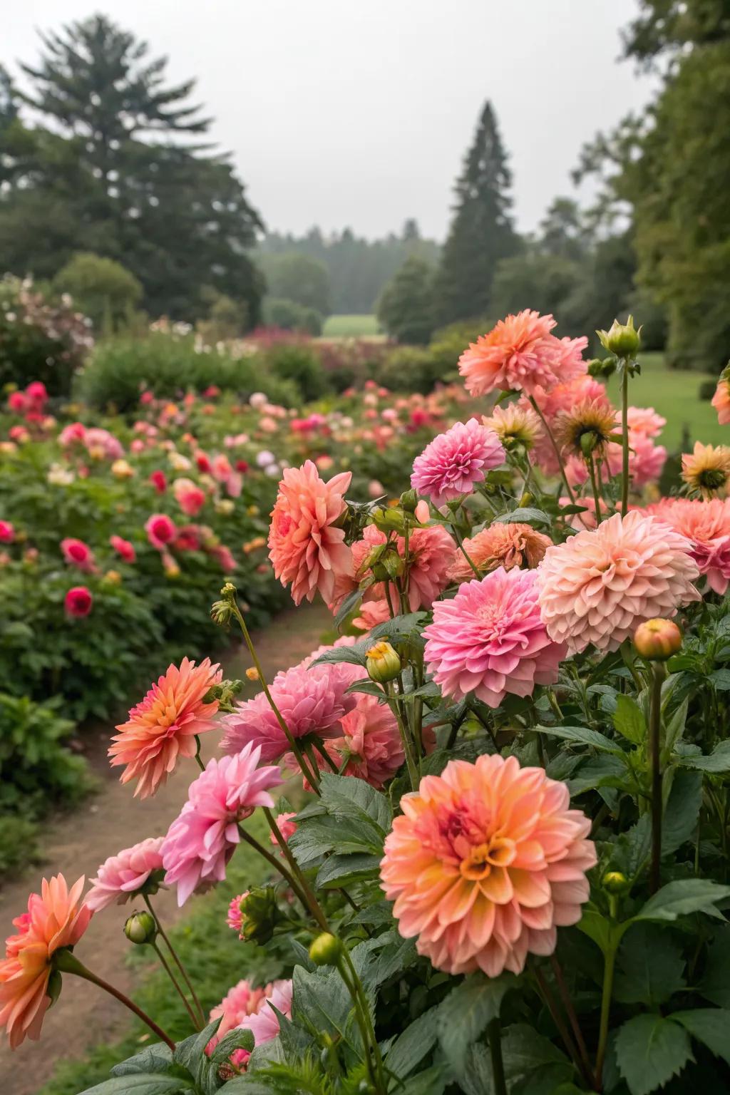 A garden with unique pink and orange flower combinations