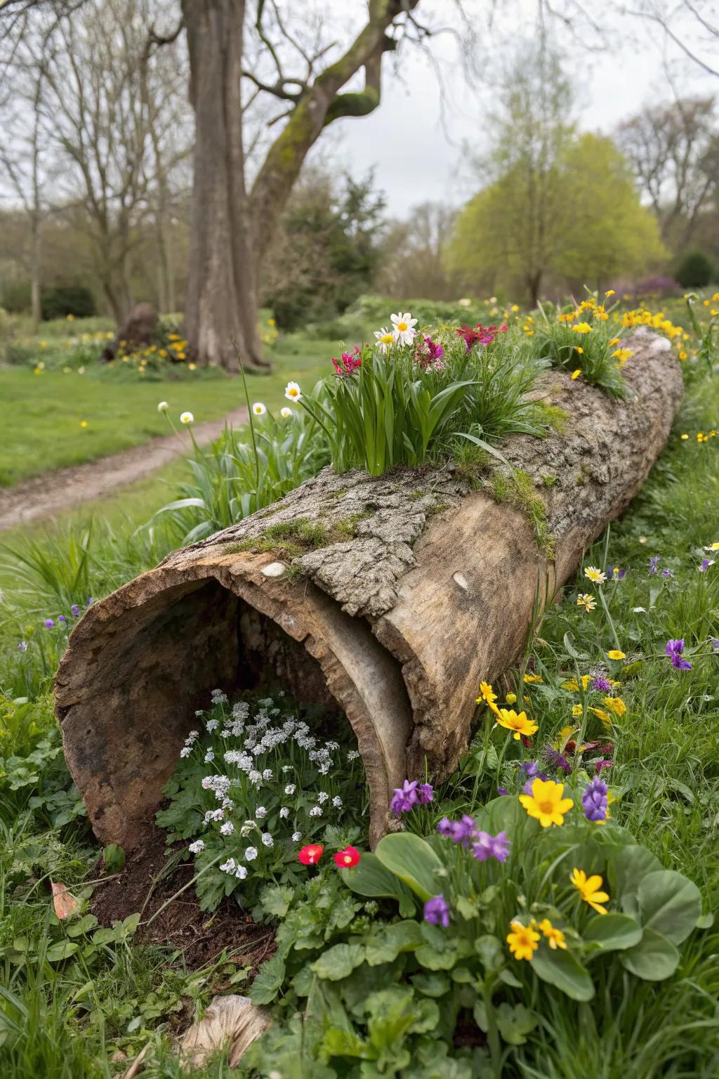 Hollow logs make beautiful, natural planters for wildflowers.