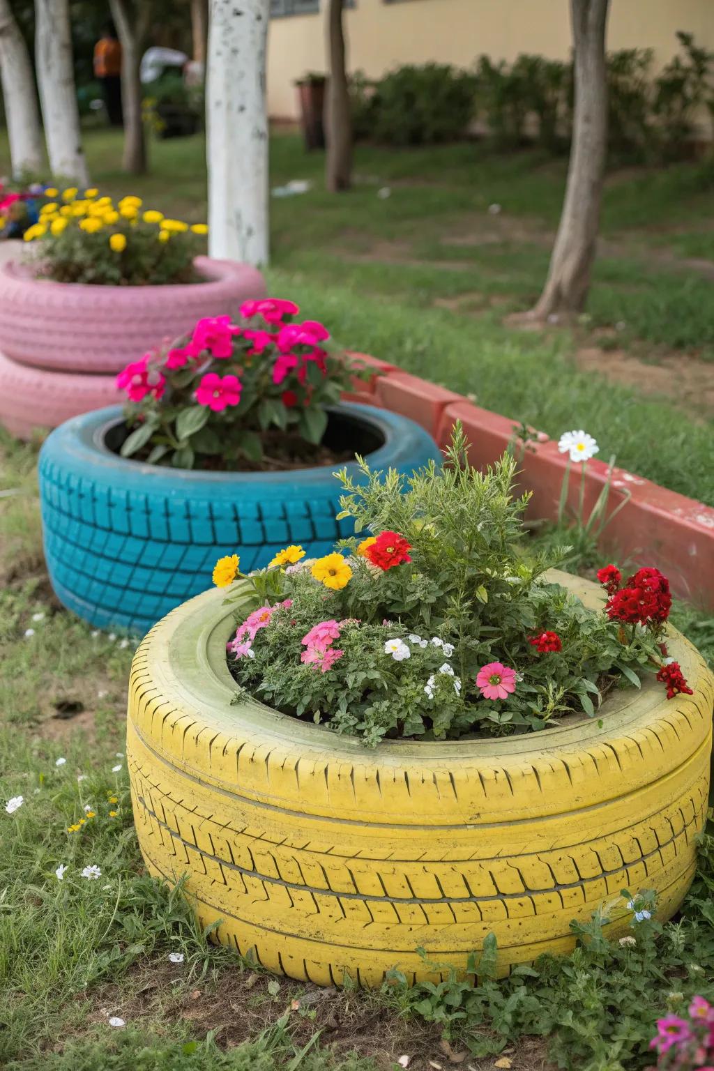Old tires transformed into colorful garden planters.