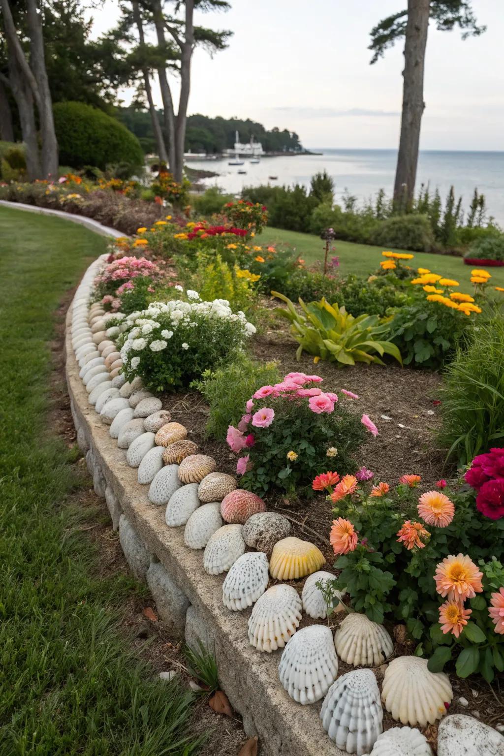 Shell edging adds a coastal and whimsical touch to garden borders.