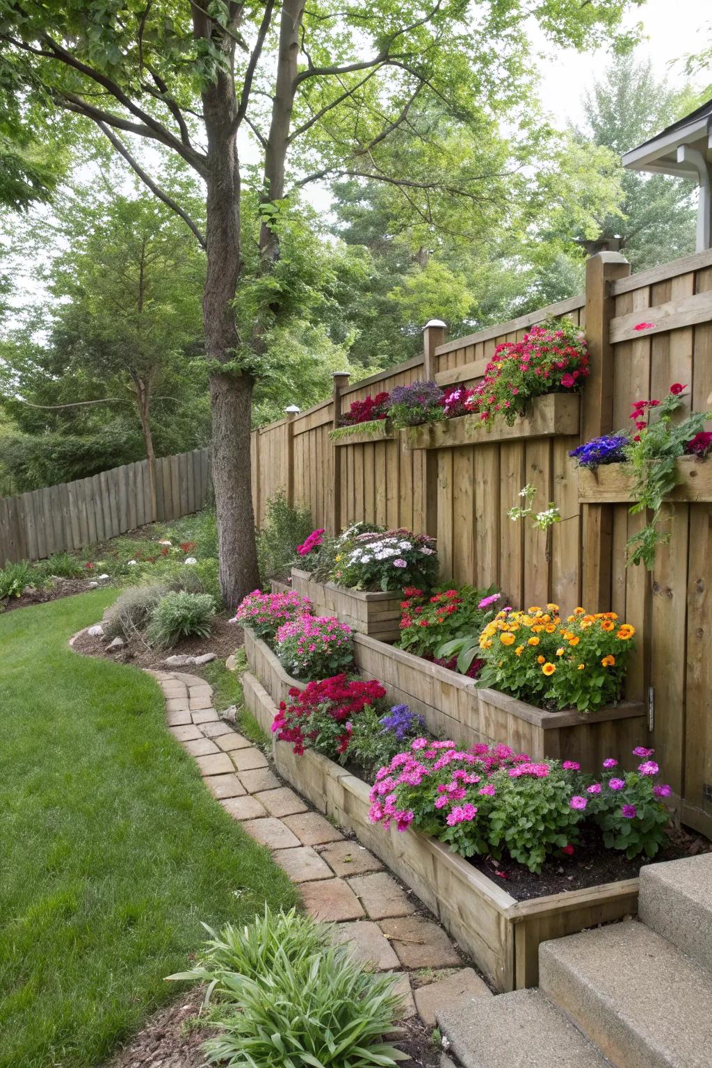 Depth and dimension with tiered flower beds.