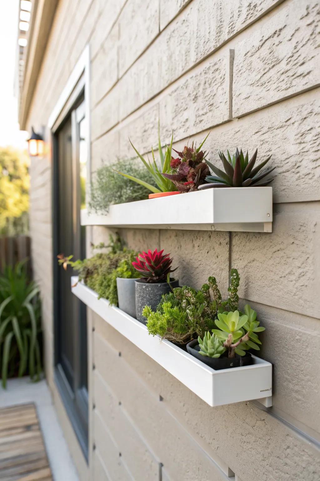 A modern floating shelf garden for urban spaces.
