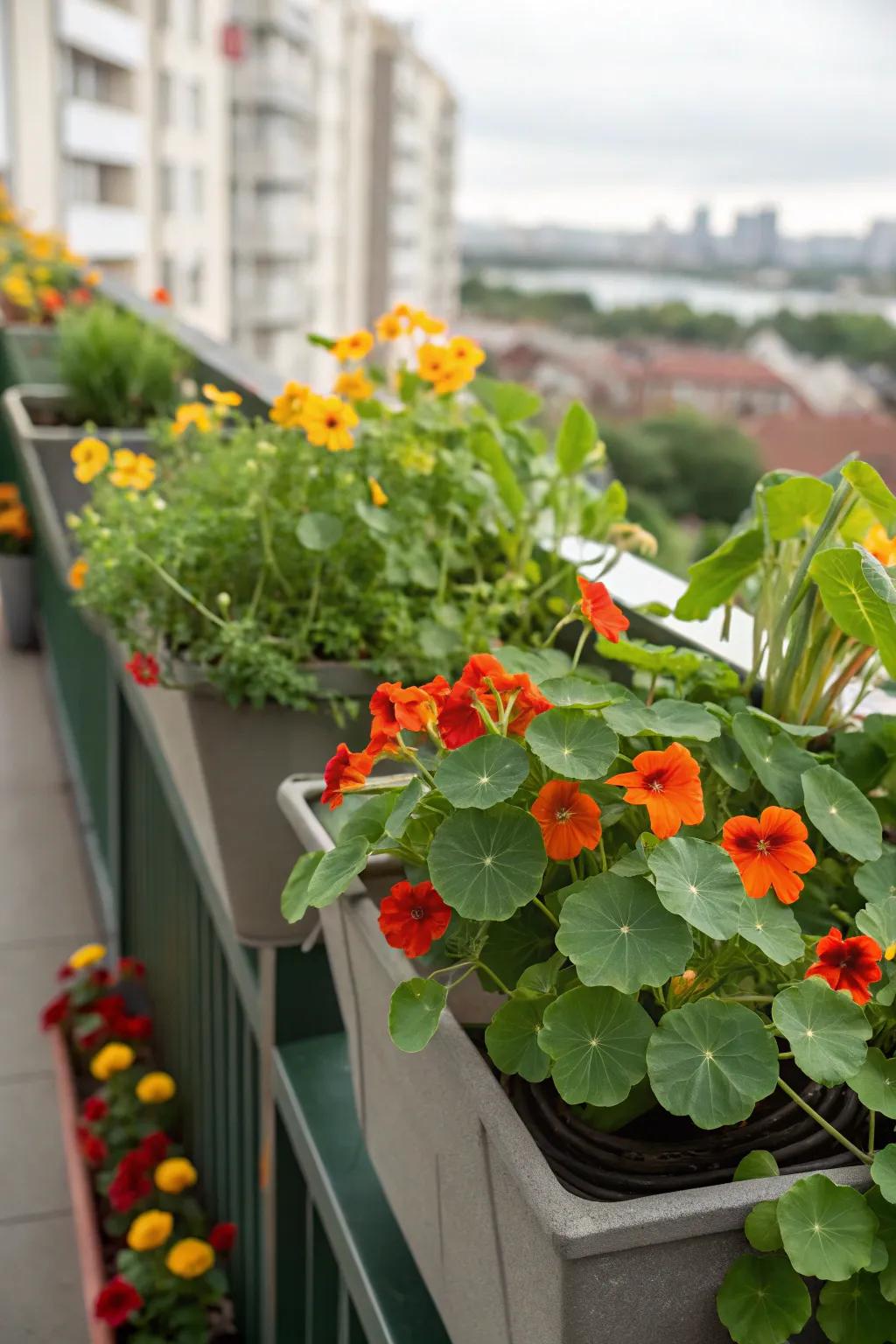 Edible flowers like nasturtiums add color and flavor.