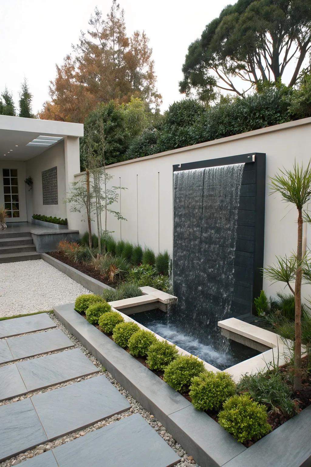 A sleek water wall providing a modern touch to the garden.