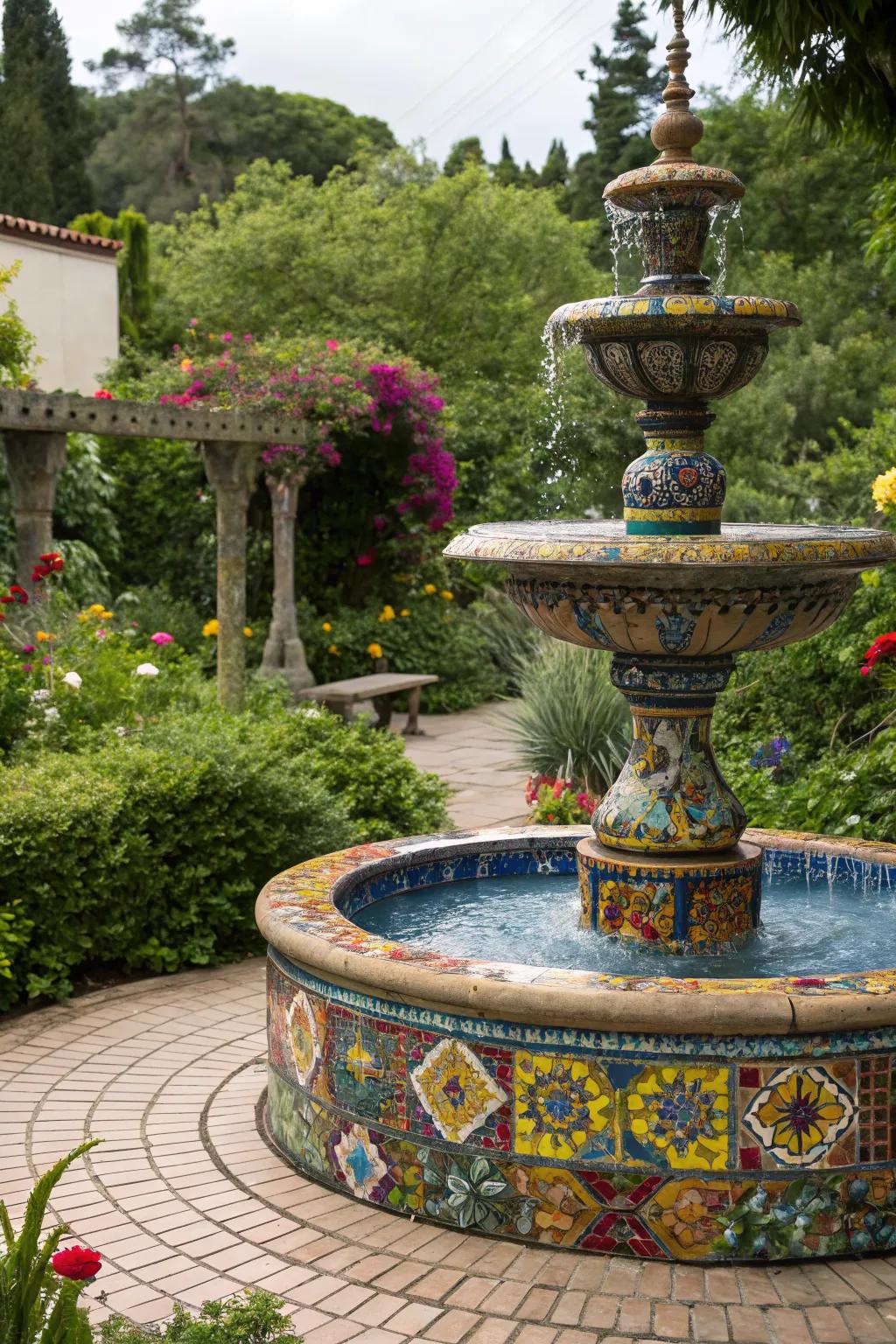 Garden fountain with vibrant mosaic tile decoration.