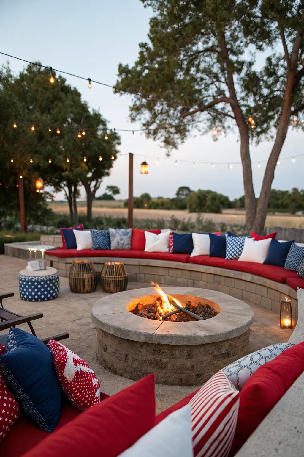 Gather around a cozy, patriotic firepit area.
