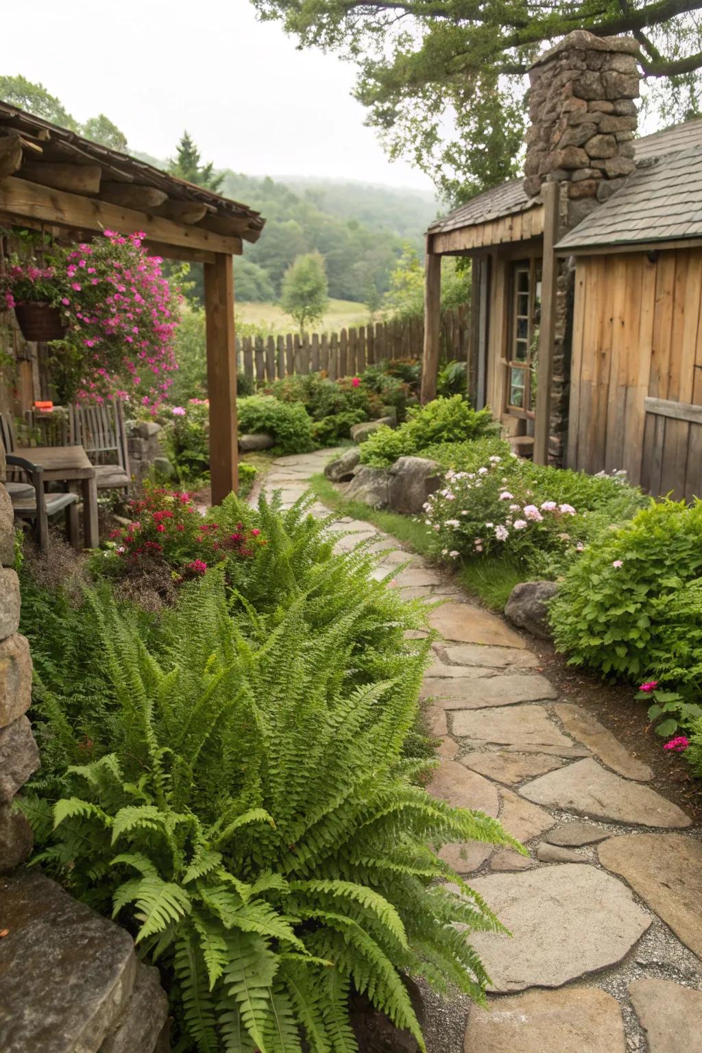 Create a rustic retreat with the soft touch of foxtail ferns.