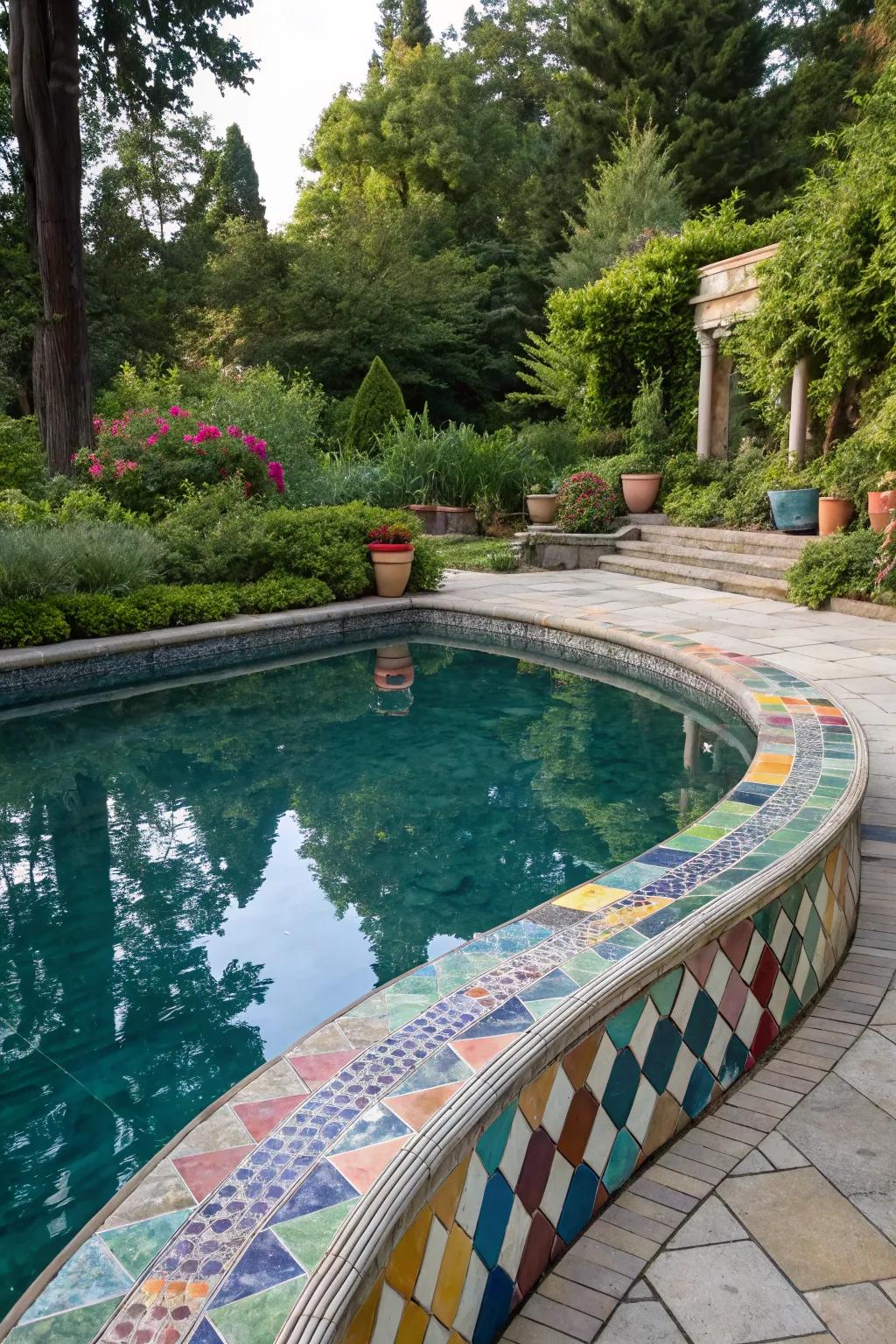 Colorful tiles add vibrancy to the pool design.
