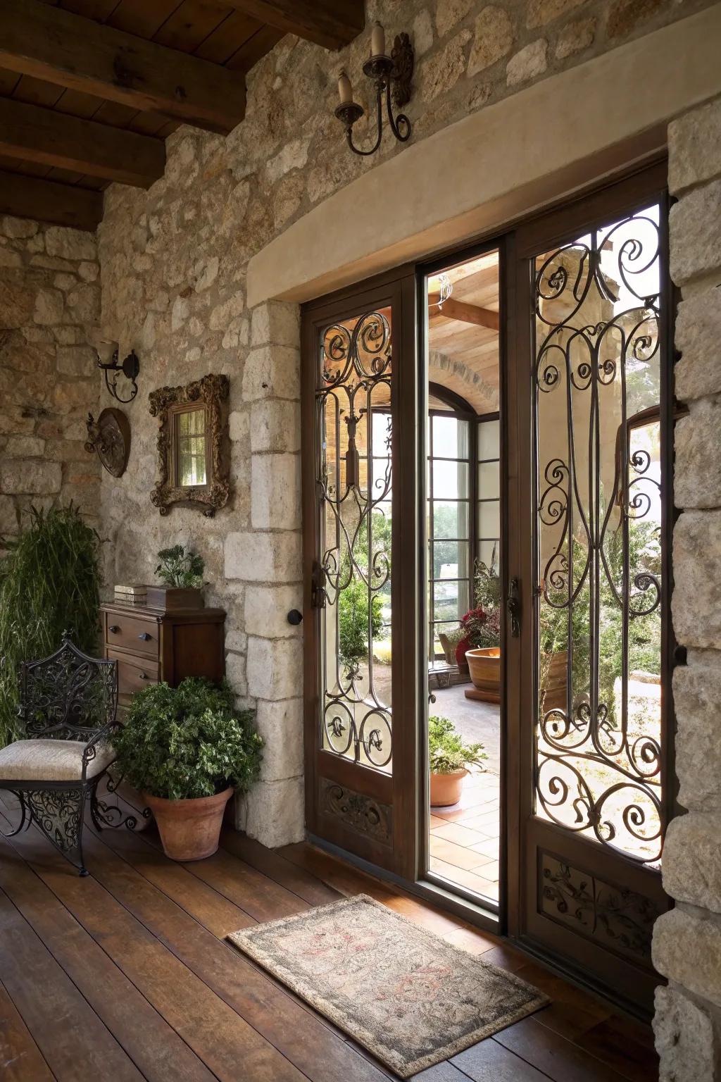 Iron screens lend rustic elegance to French doors.