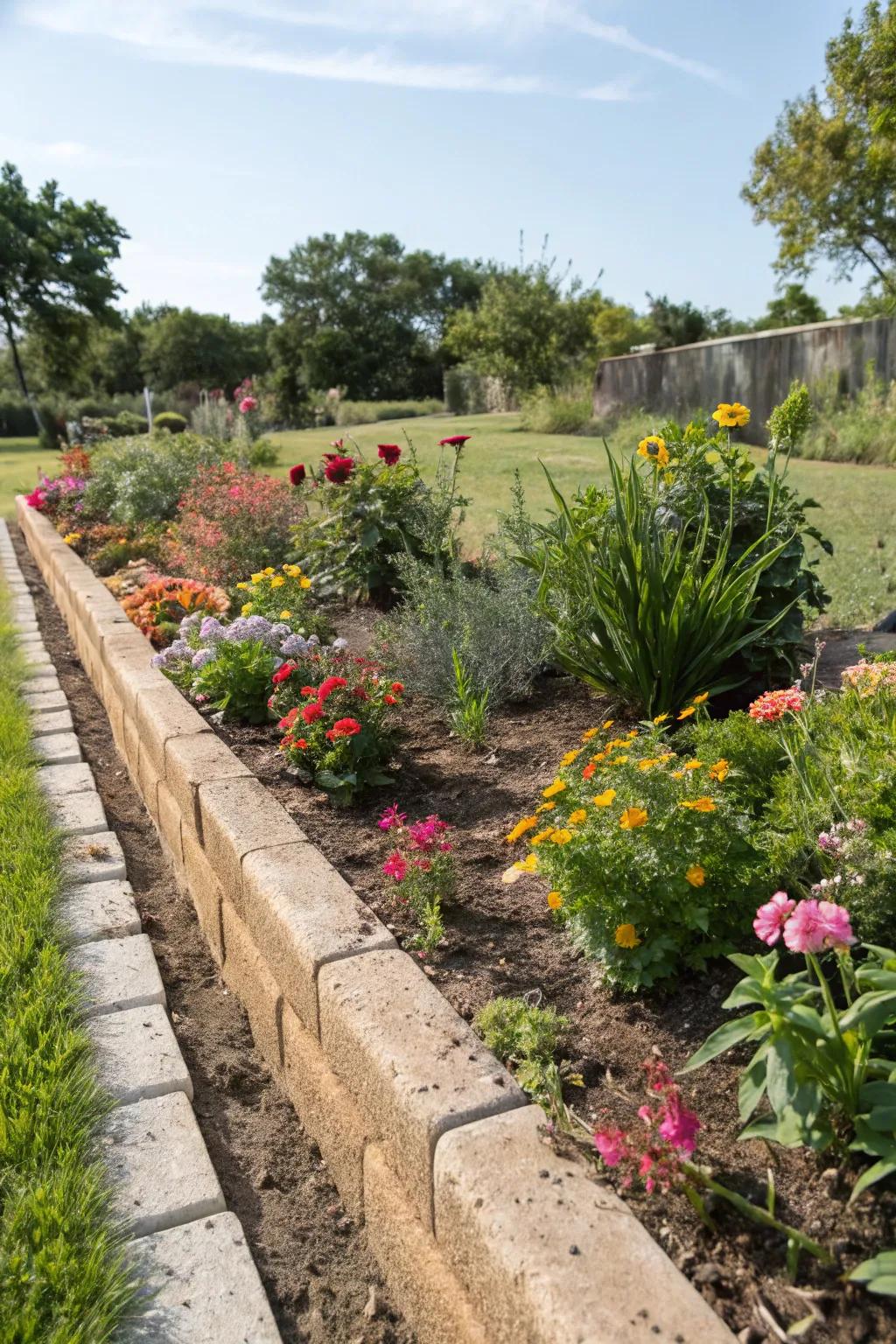 Garden bed borders enhanced by a French drain.