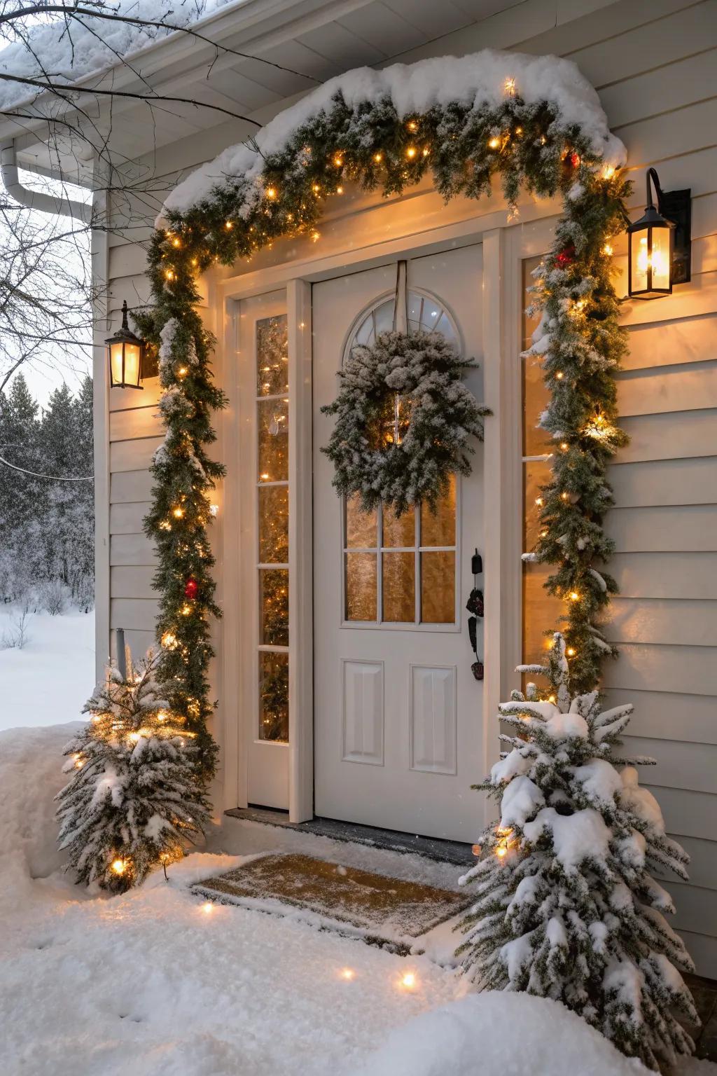 A frosted garland with snow spray for a magical, snow-kissed look.