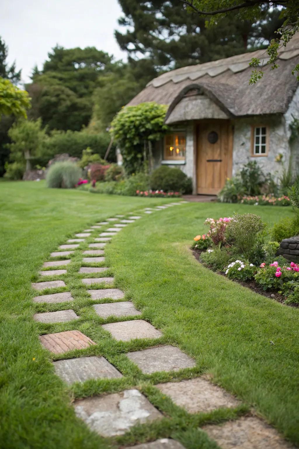 Blend nature with grass and paver pathways.