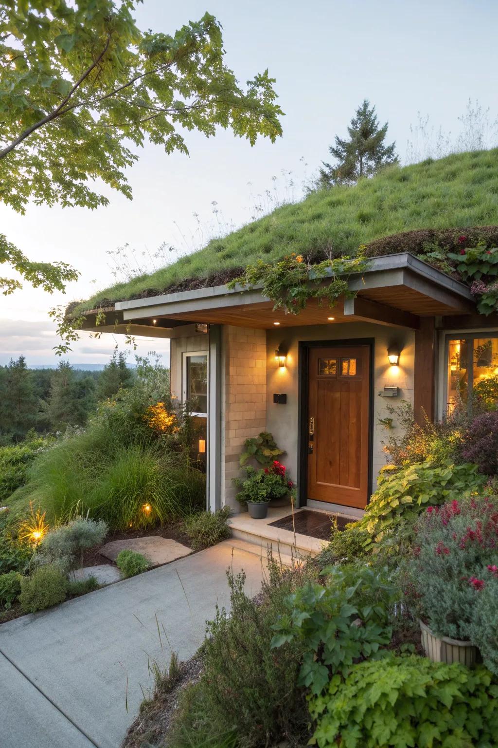 A living roof adds lush greenery and eco charm to this entrance.