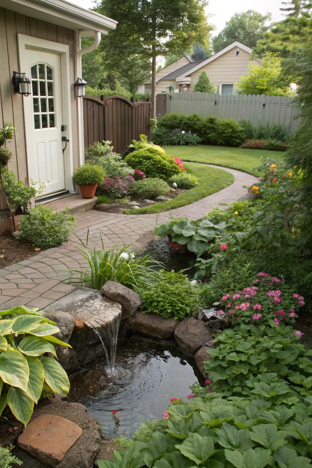A water feature creating a serene focal point in the front garden.