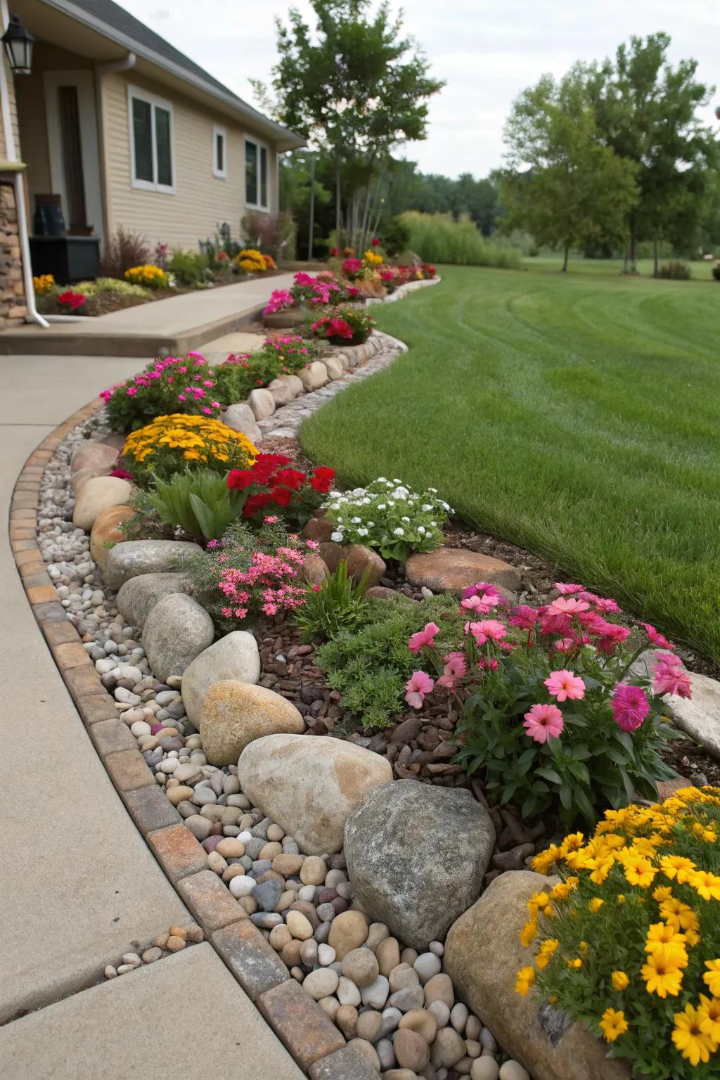 Stone and pebble borders add texture and functionality.