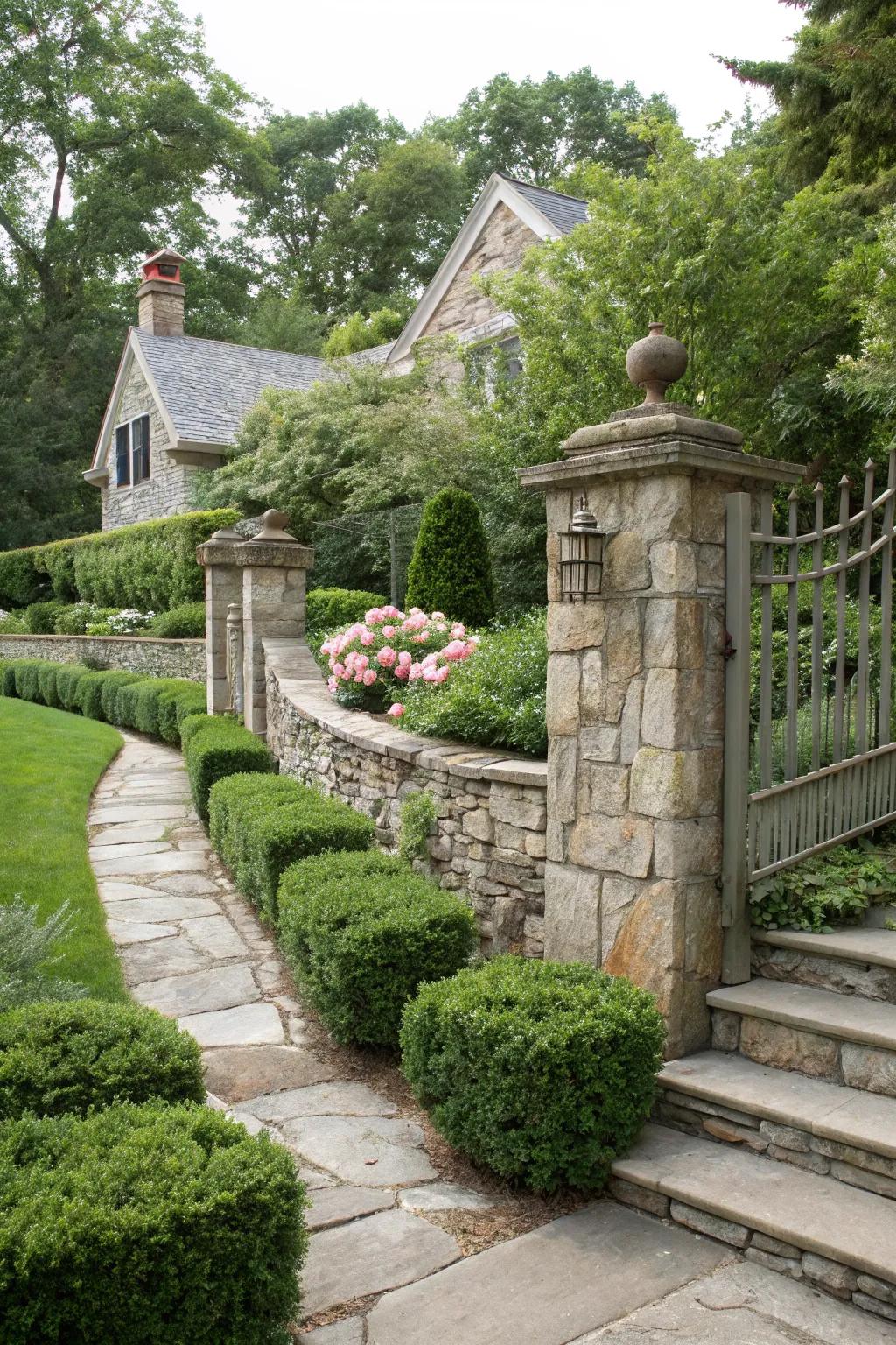 A natural stone fence offers timeless elegance.