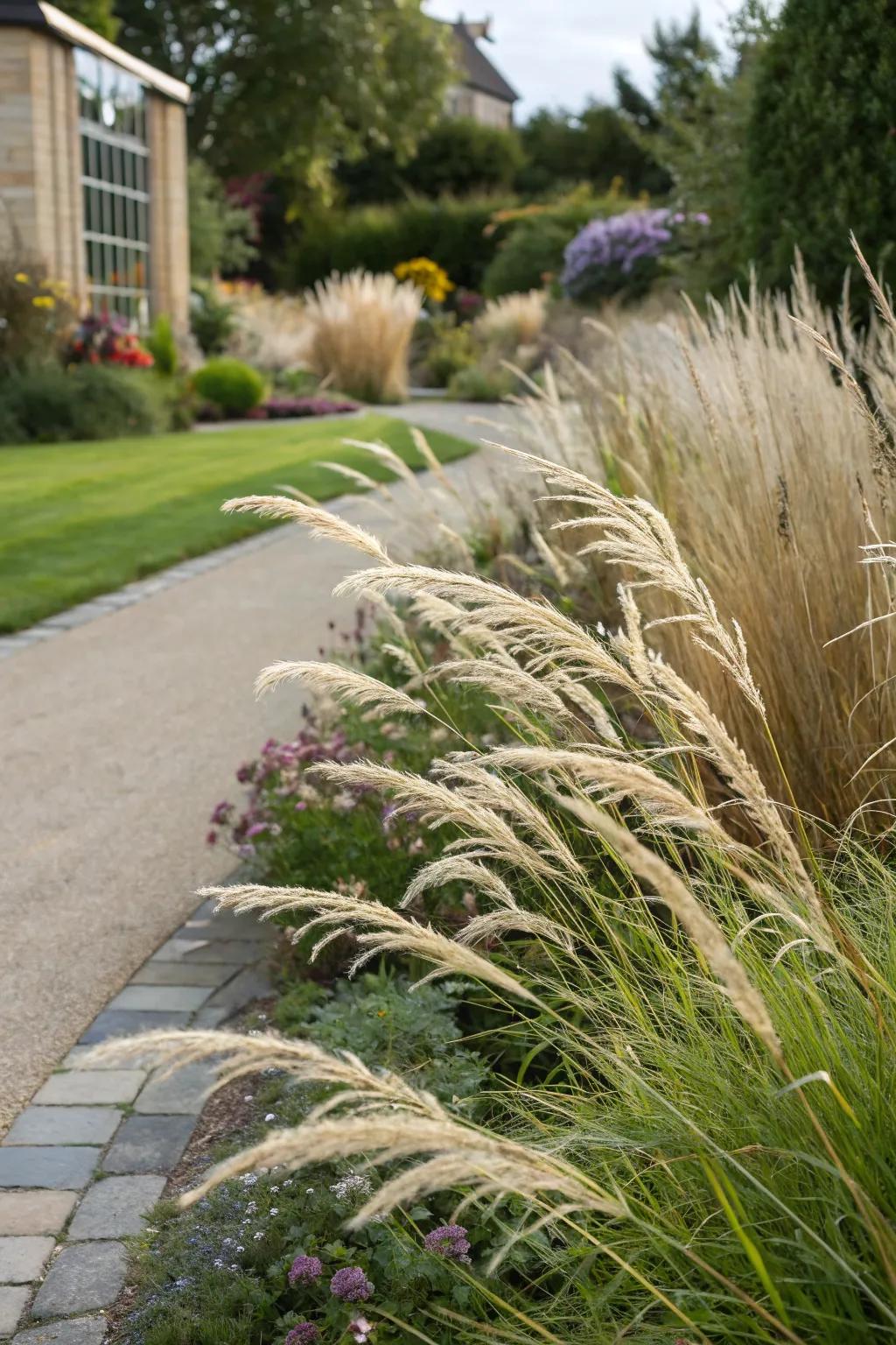 Ornamental grasses bring texture and motion.