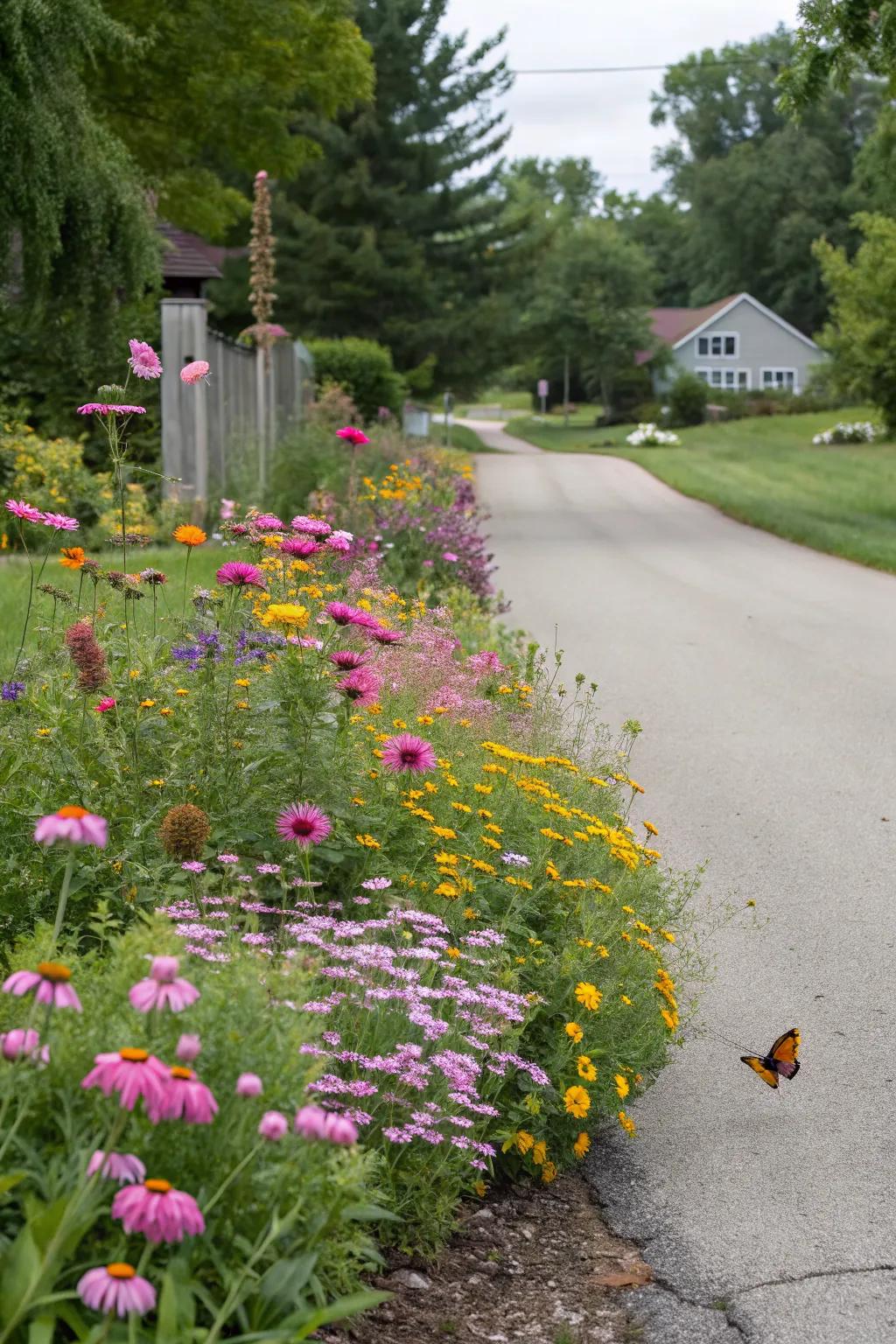 A colorful wildflower garden lining the driveway.