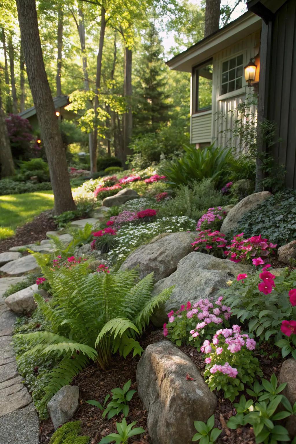 Lush ferns and rocks complement each other beautifully in shaded areas.