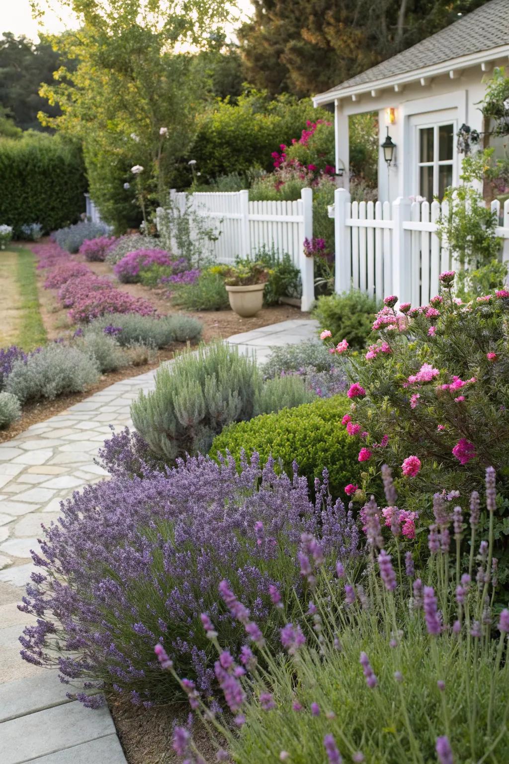 A Mediterranean garden bed thriving in dry conditions.