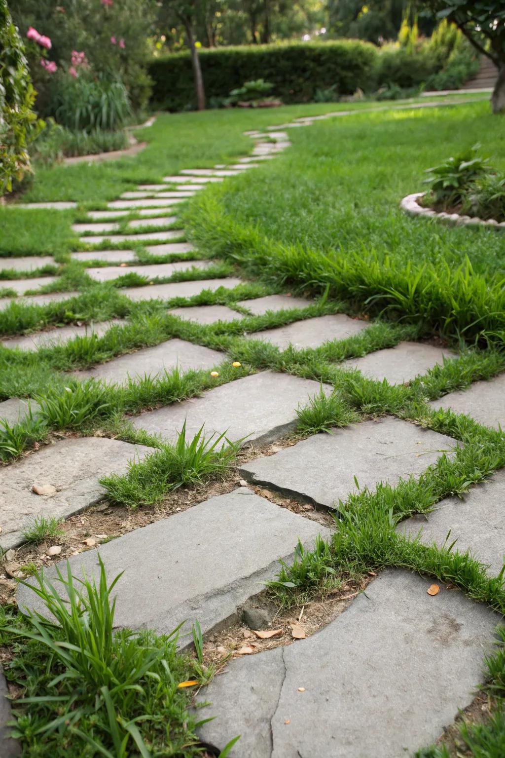Modern pathway with grass growing between pavers.