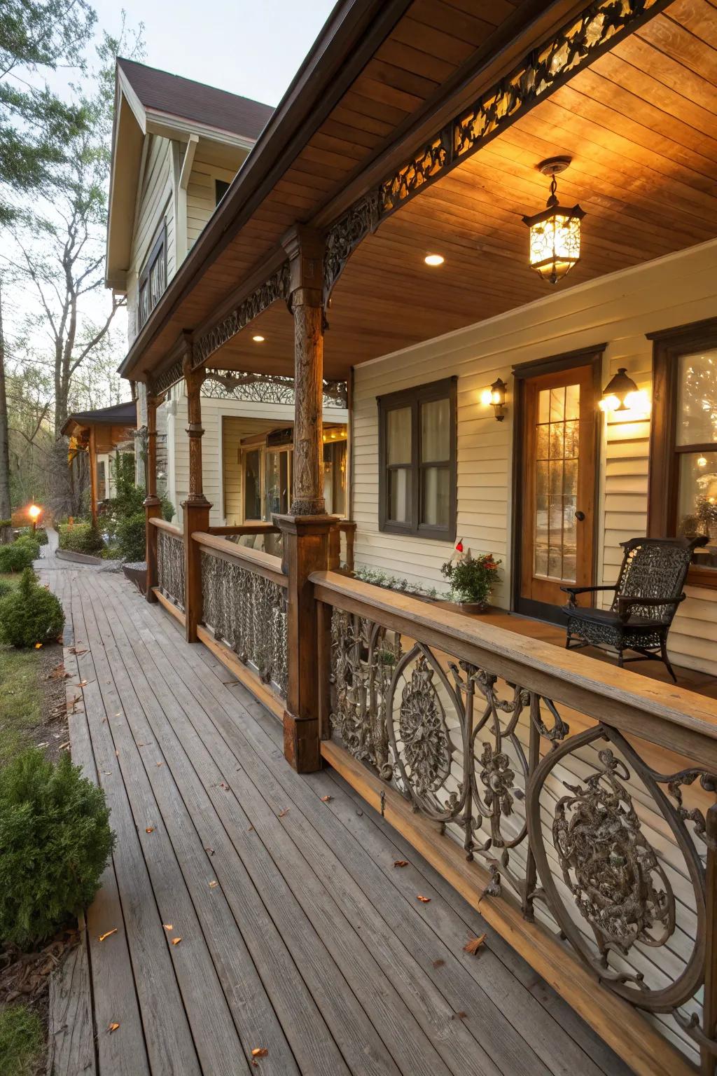 A front porch featuring rustic wood accents for a warm look.